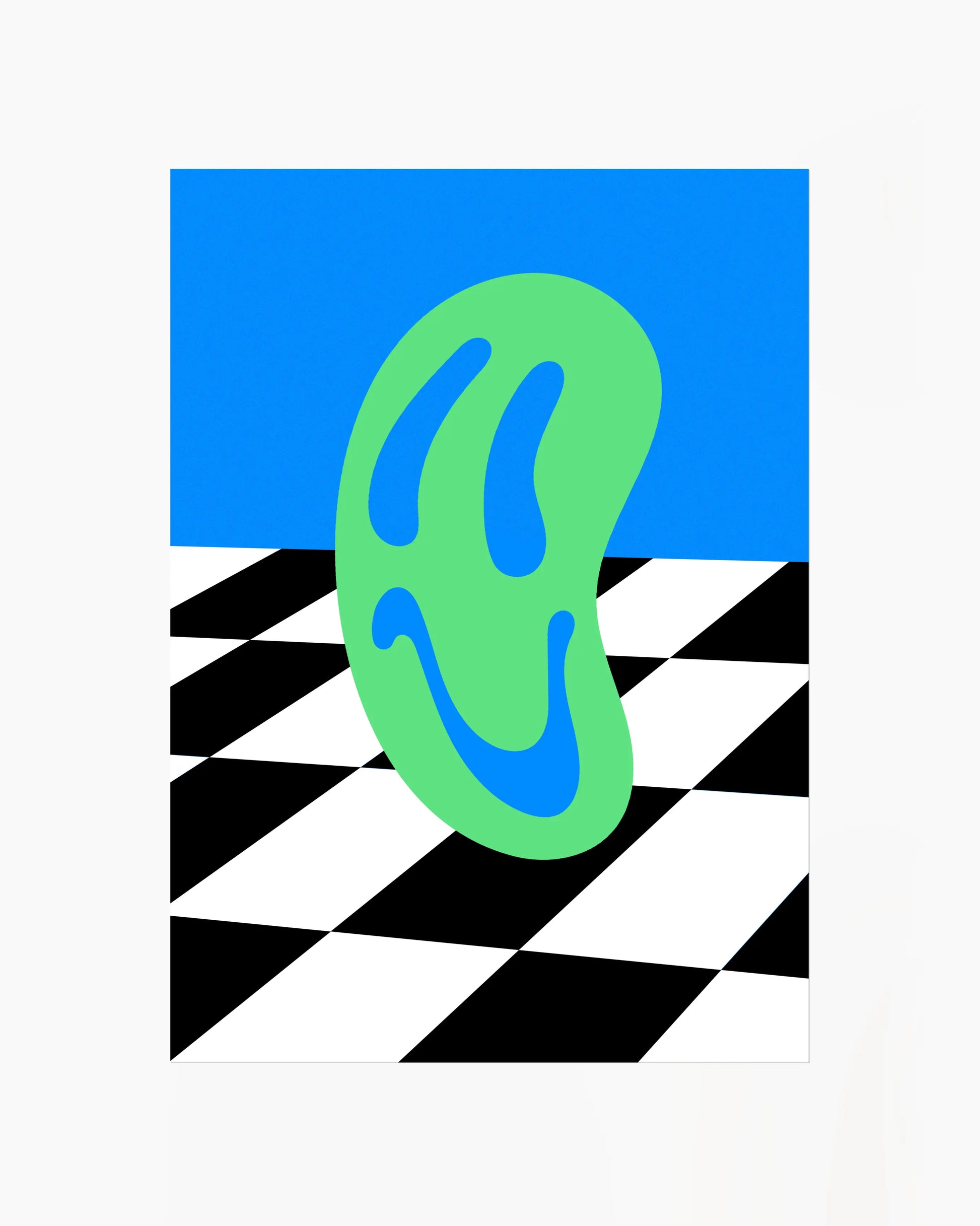 Children's poster of a green smiley on a blue background with black and white checkered pattern.