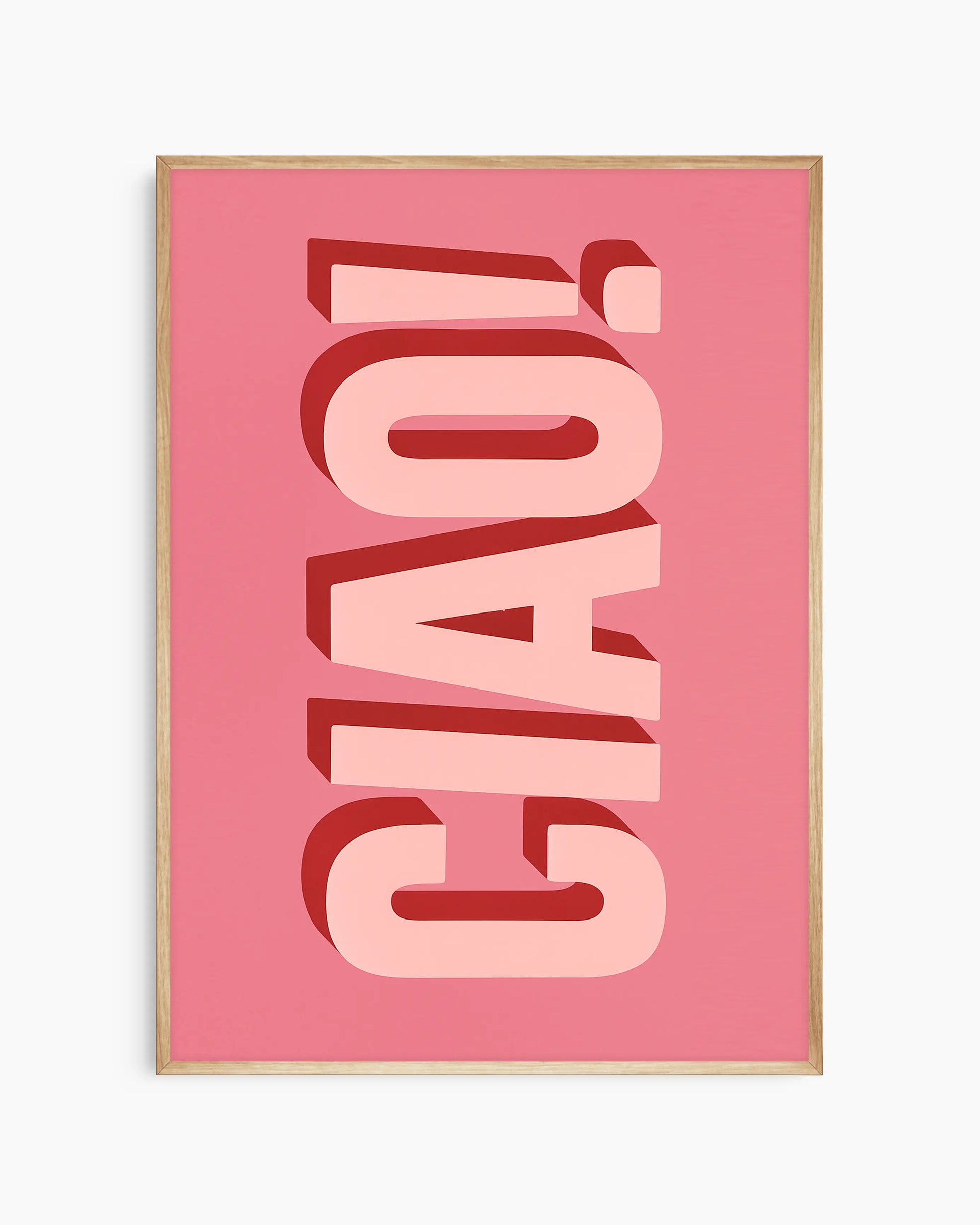 Children's poster with the text 'CIAO!' on a pink background framed in an oak frame.