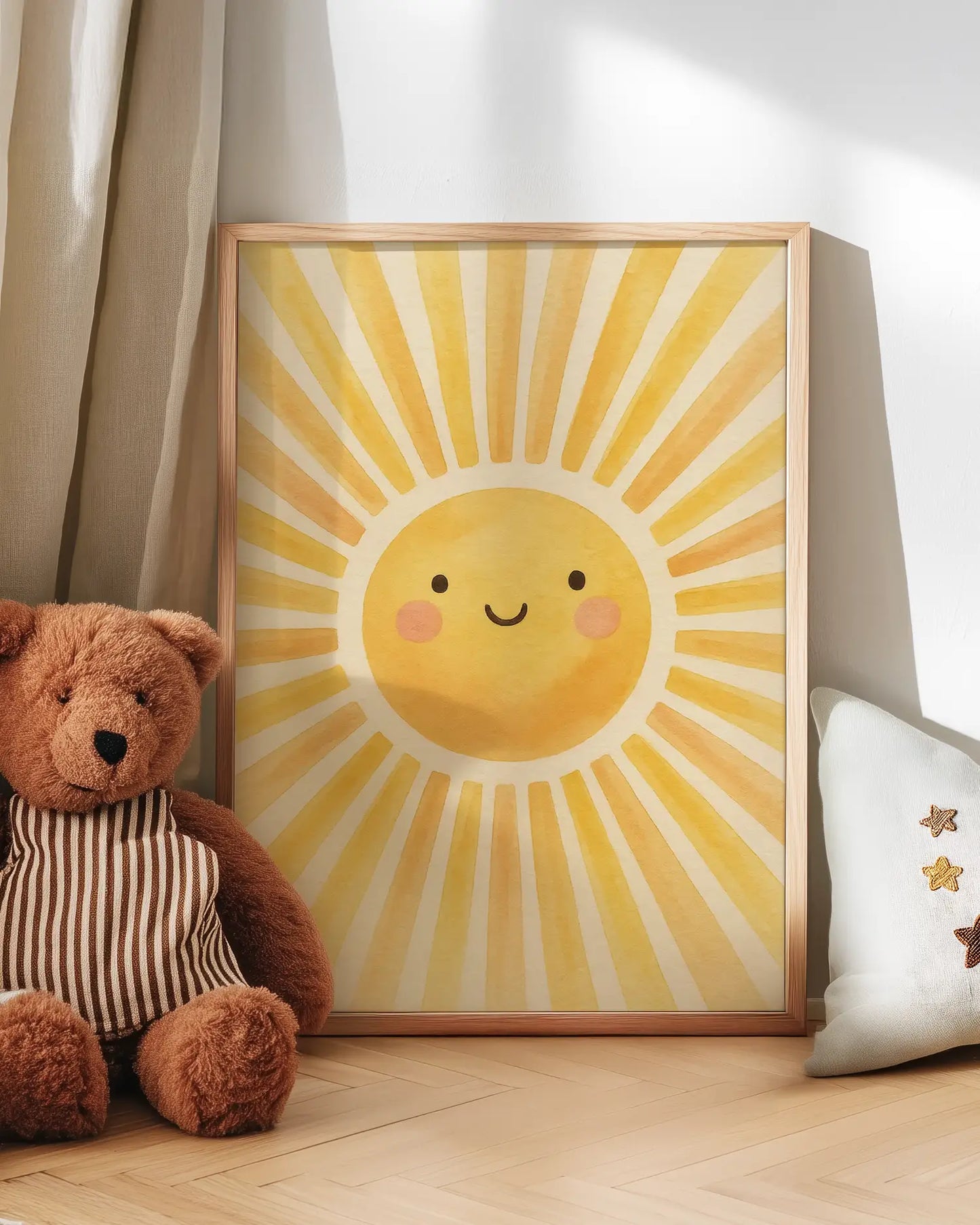 Poster of a smiling sun with a teddy bear and decorative pillow in the background.