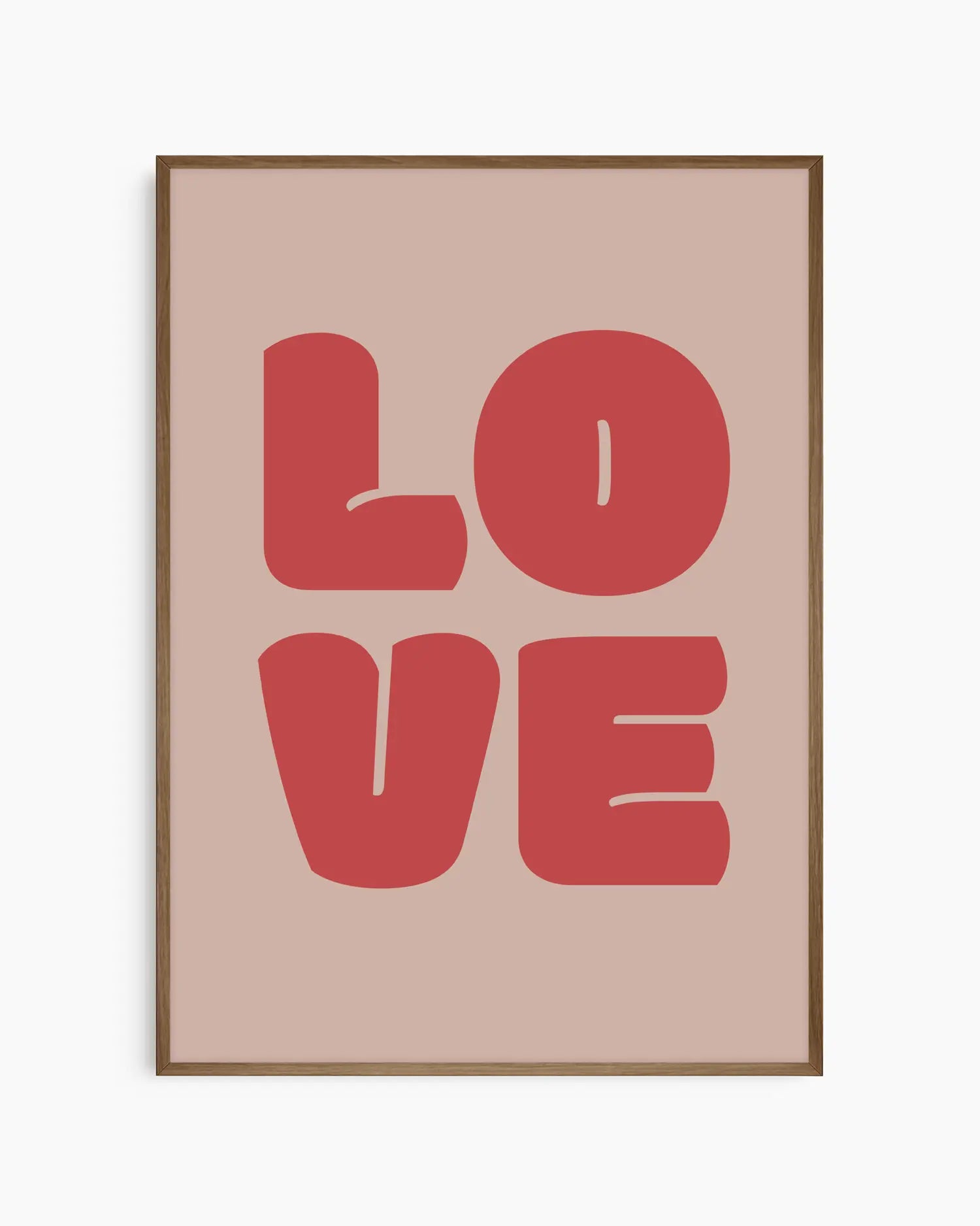 Children's poster with red 'LOVE' text framed in a dark oak frame.