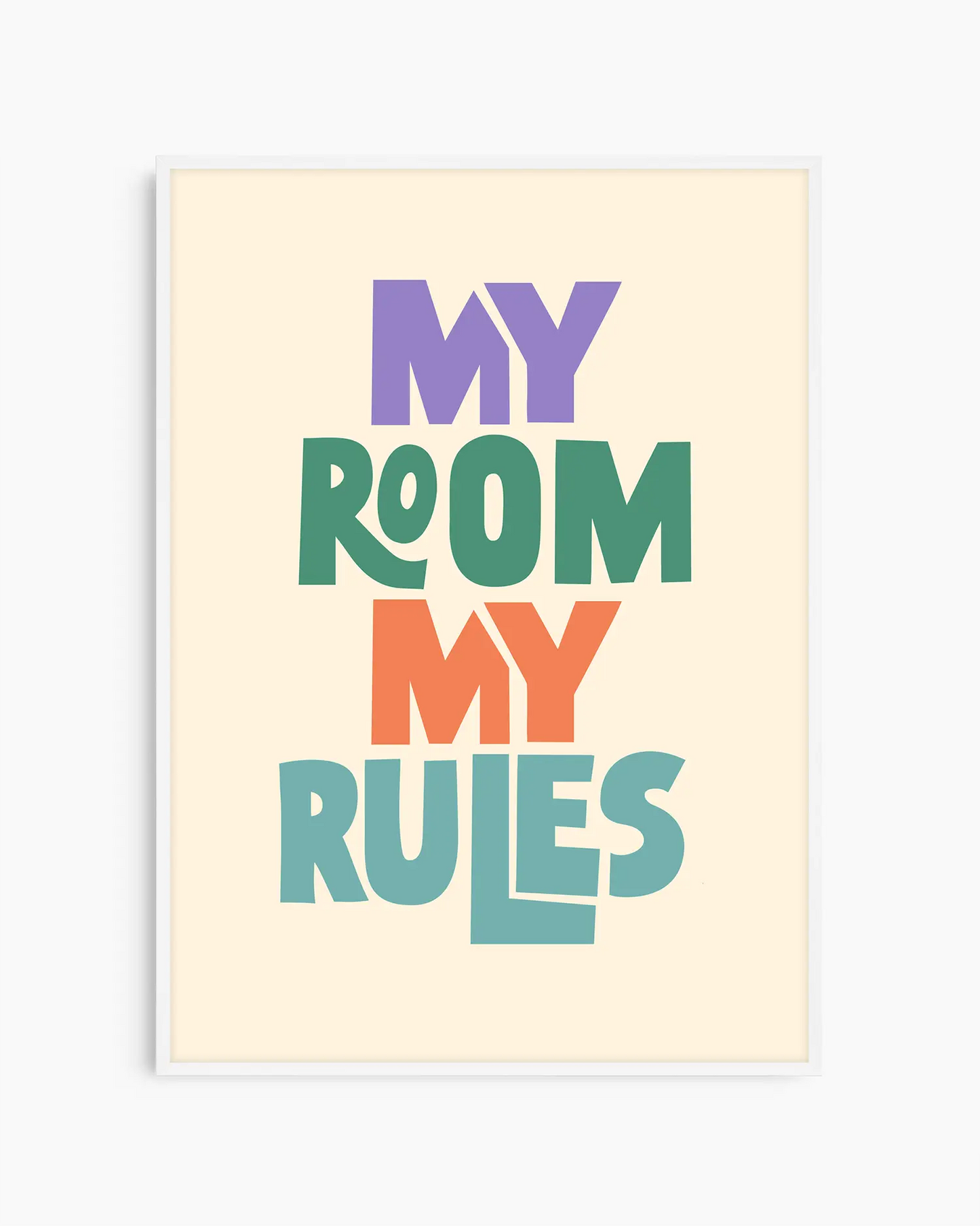 Beige children's poster with colorful text 'MY ROOM MY RULES' framed in a white frame.