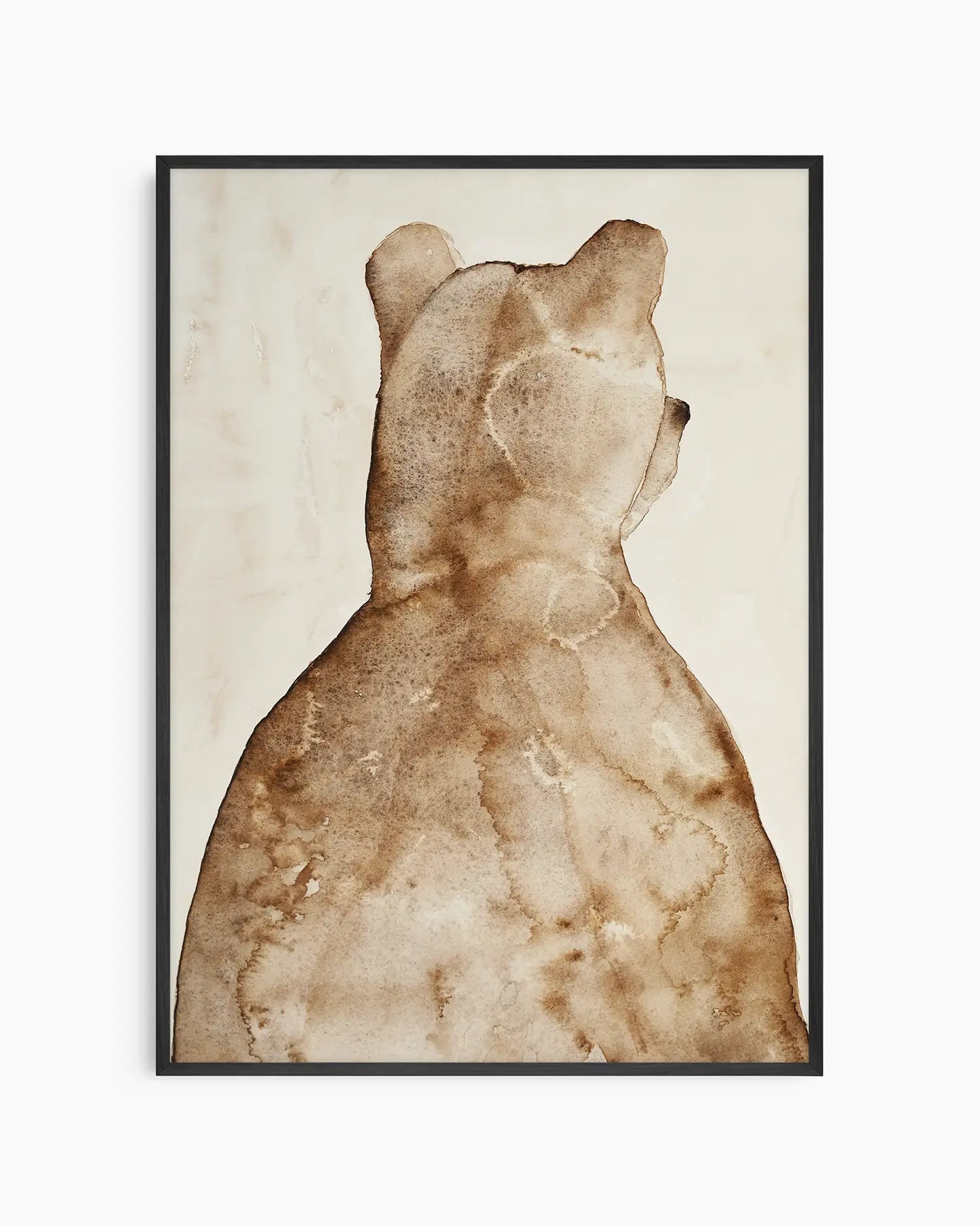 Children's illustration of a brown bear on a beige background framed in a black frame