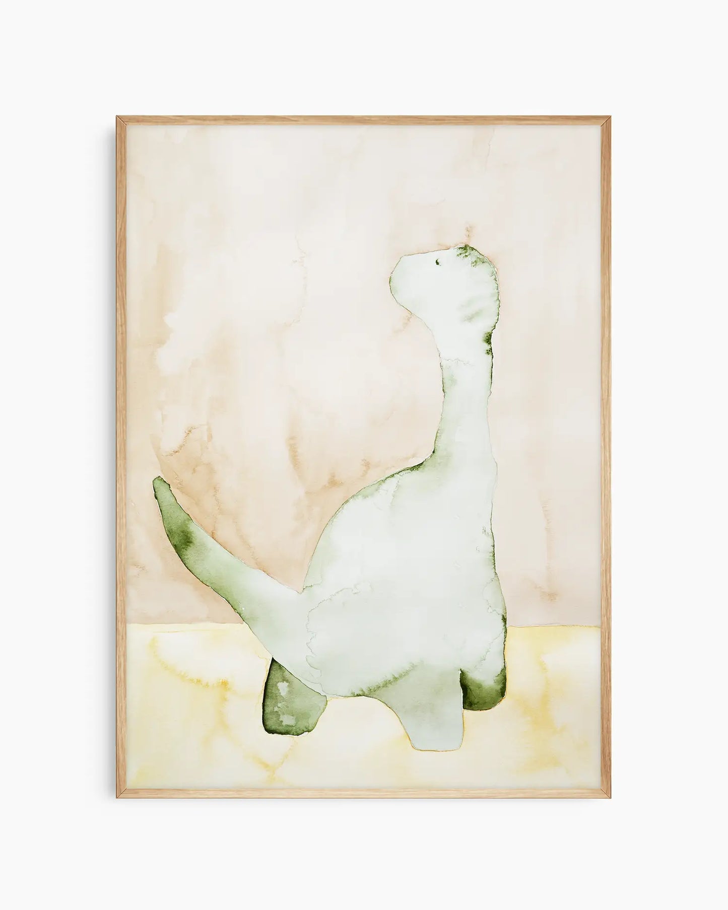 Children's poster of a green dinosaur inside of an oak frame
