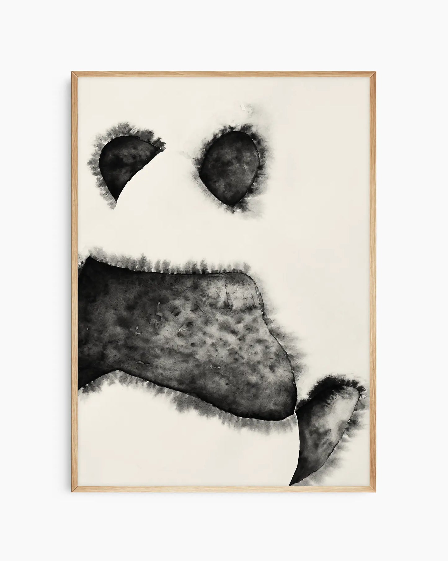 Black and white illustration of a panda bear's face on a beige background inside of an oak frame