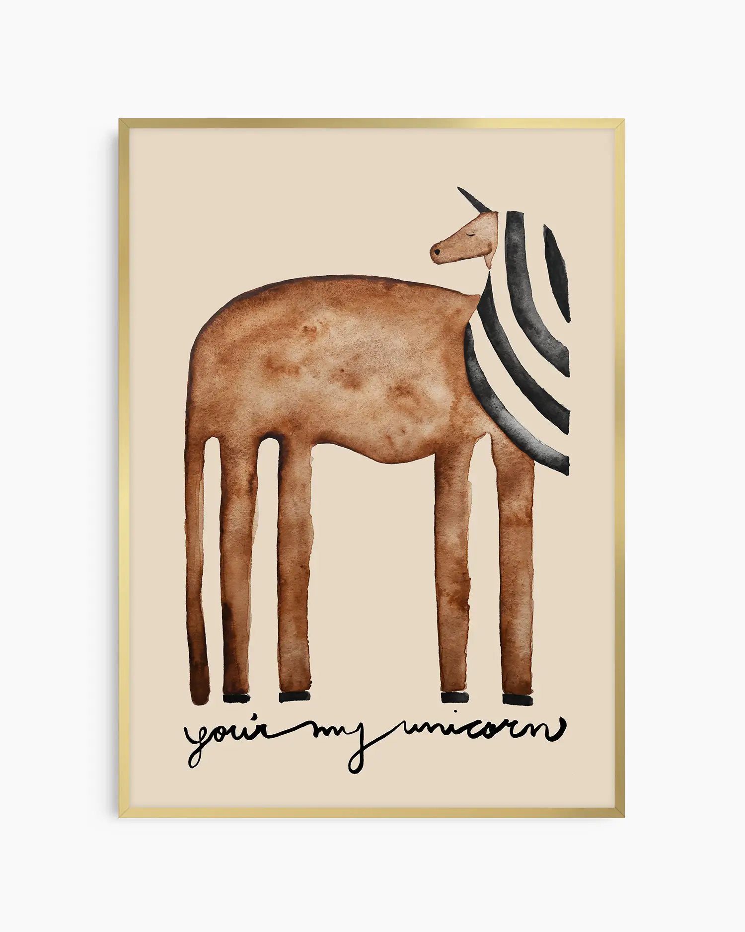Illustration of a brown unicorn and striped mane on a beige background with text 'you're my unicorn' inside of a gold frame.