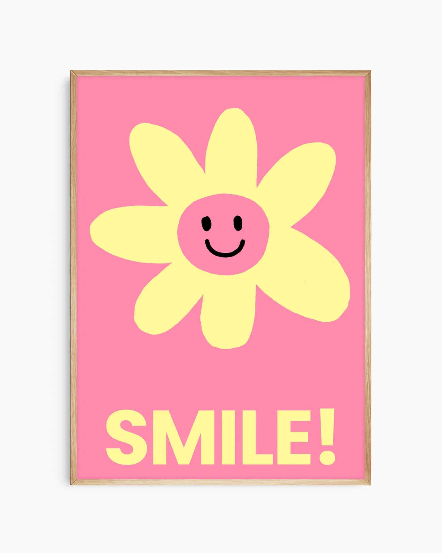 Pink nursery poster with a yellow smiling flower and 'SMILE!' written on it, framed in an oak frame.