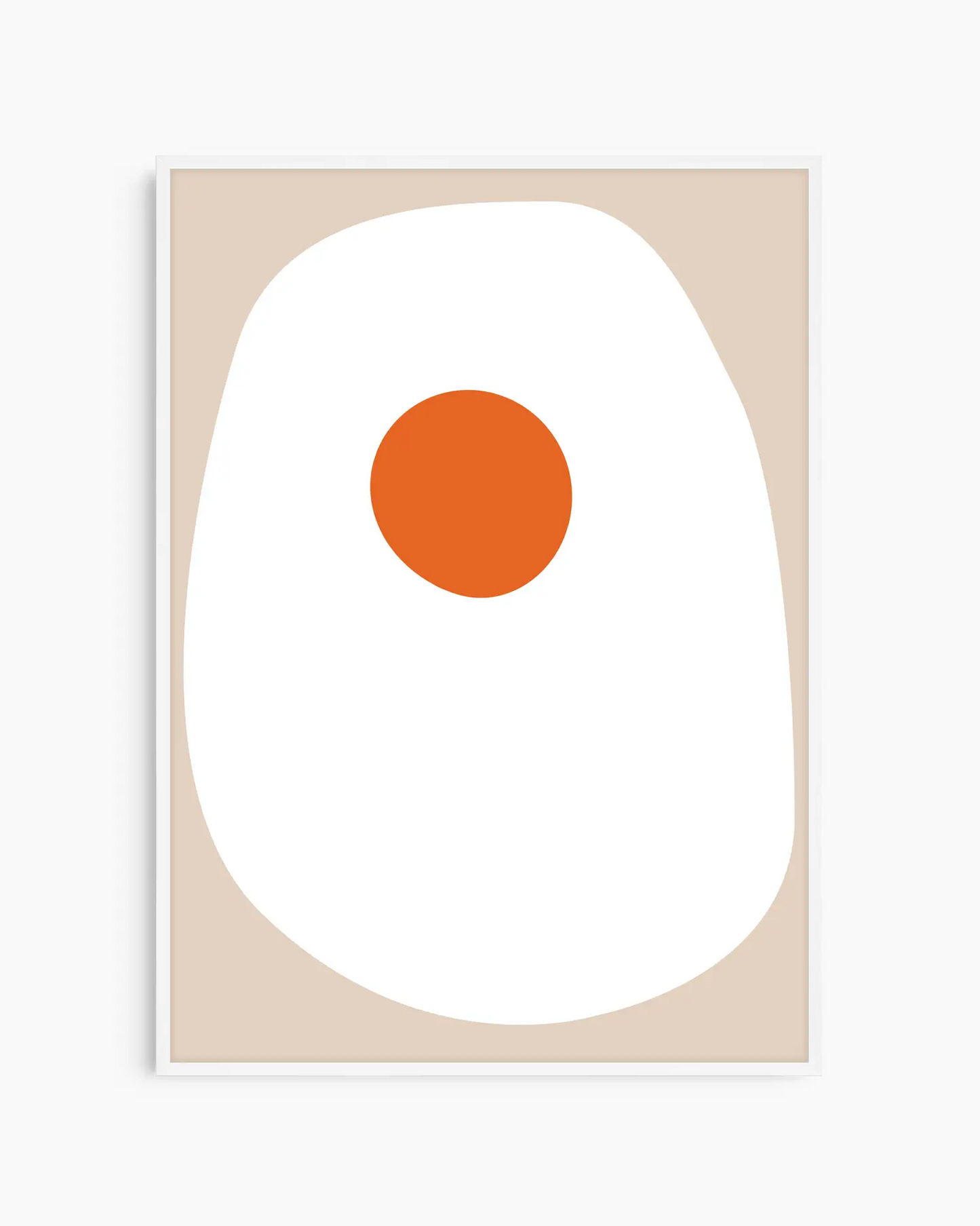 Nursery poster of a sunny side up fried egg on a beige background framed in a white frame.