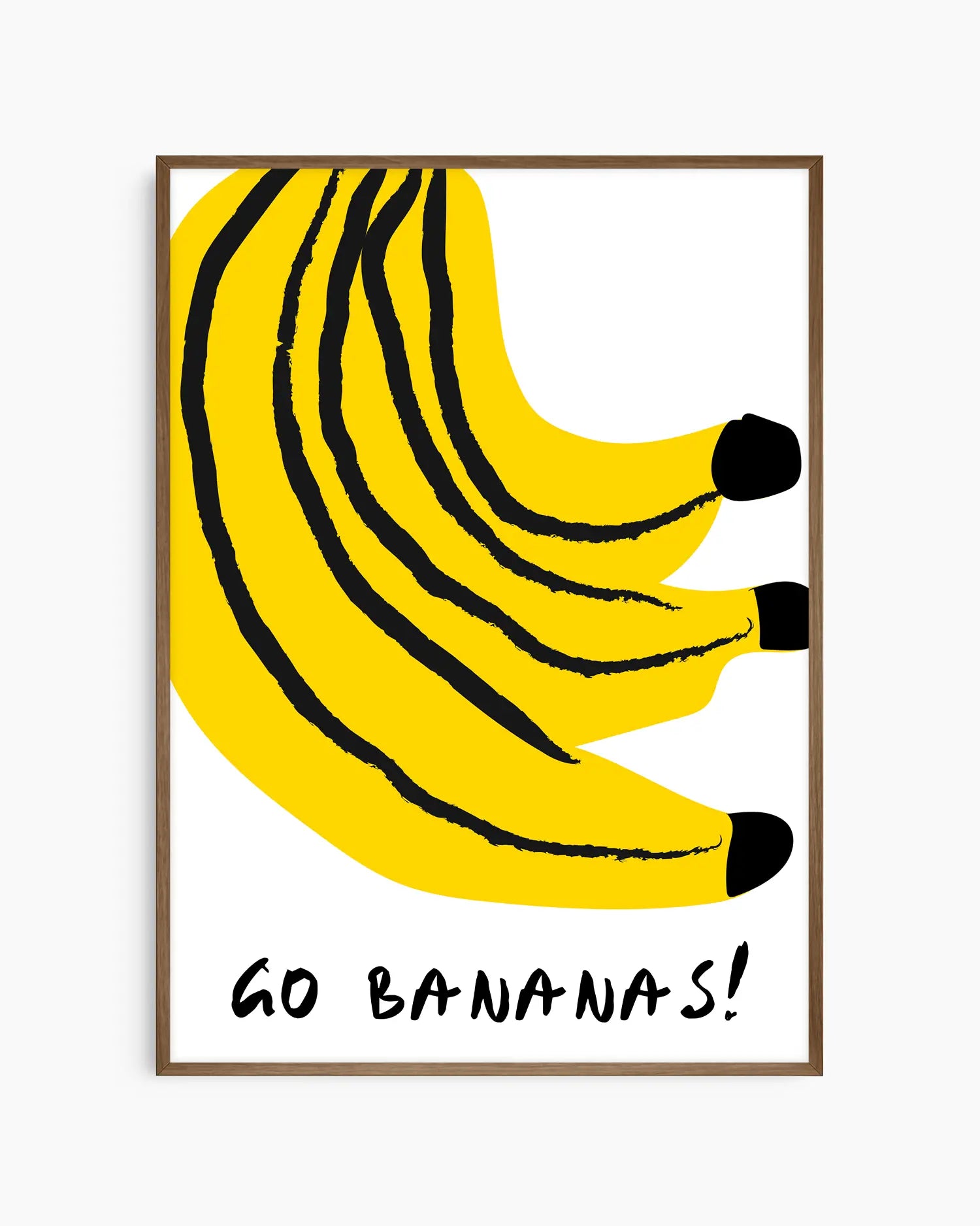Nursery poster of bananas with the text 'GO BANANAS!' on a white background framed in dark oak frame