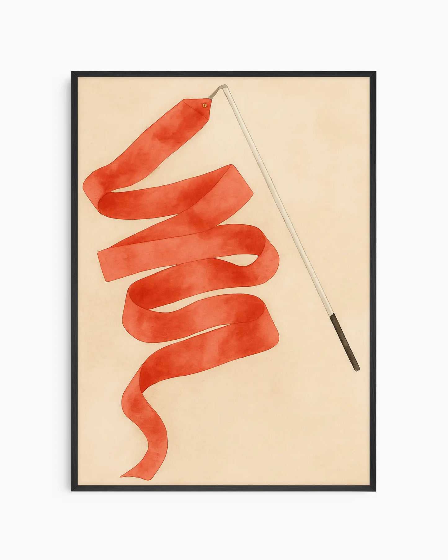 Framed artwork with a red ribbon on a stick against a beige background.