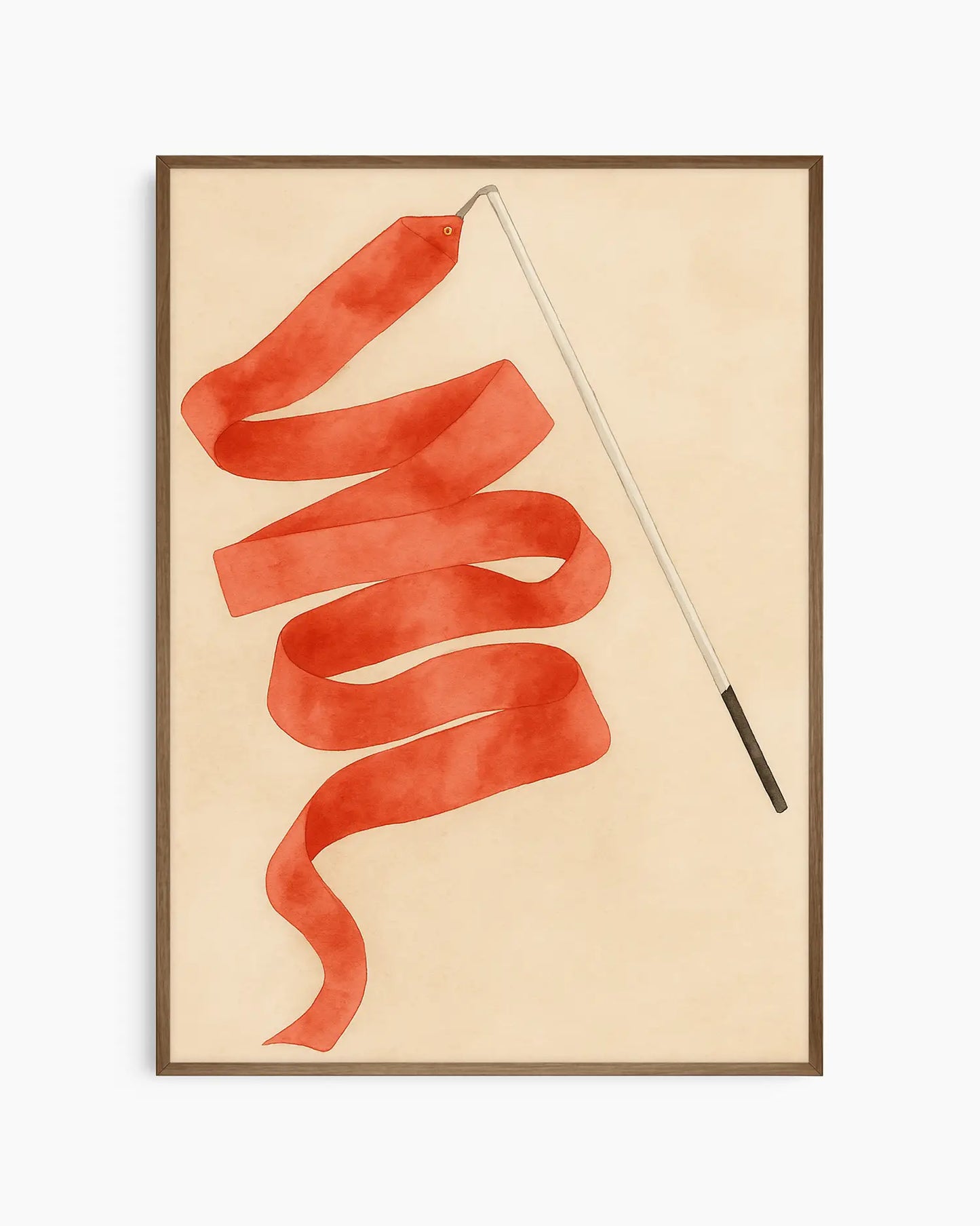 Framed artwork with a red ribbon on a stick against a beige background.