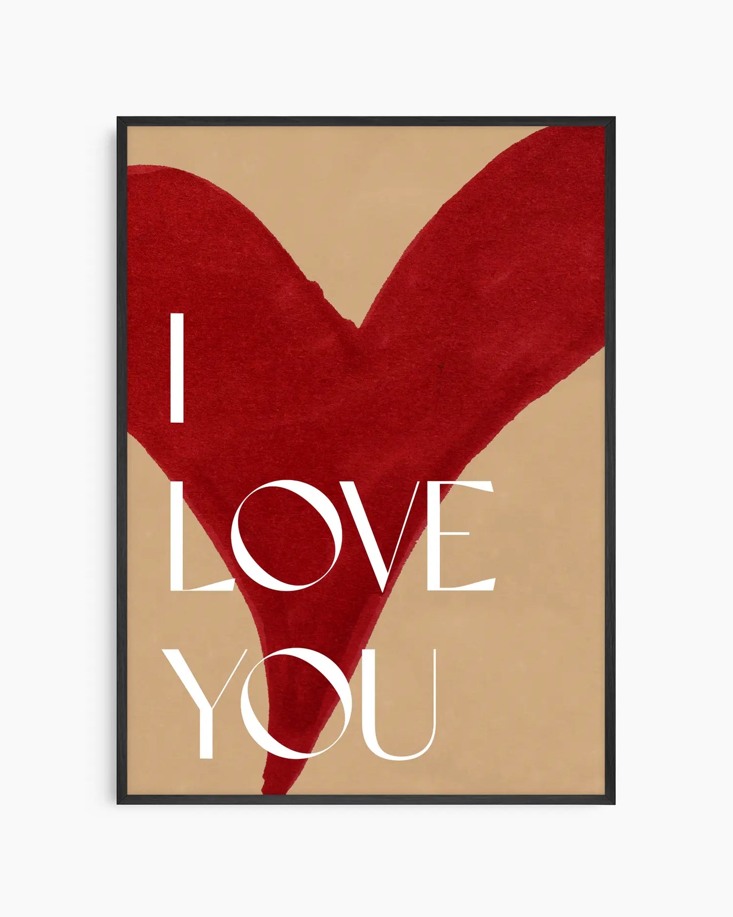 Nursery poster with red heart shape with 'I LOVE YOU' text on a beige background. Black frame.