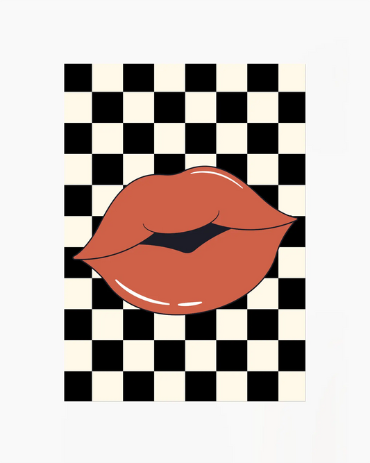 Poster with kissing red lips design on a black and white checkered background.