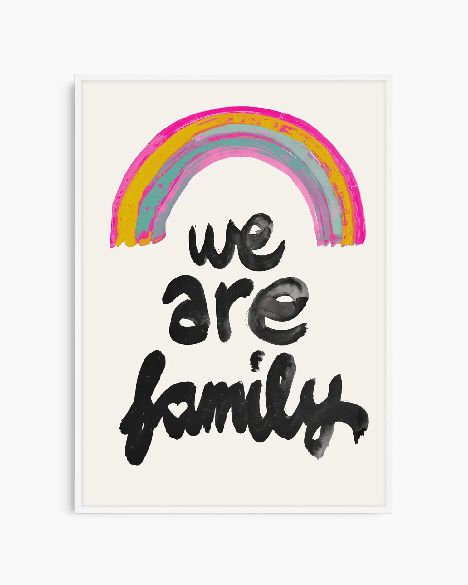 Framed artwork with a rainbow and 'we are family' text on a white background