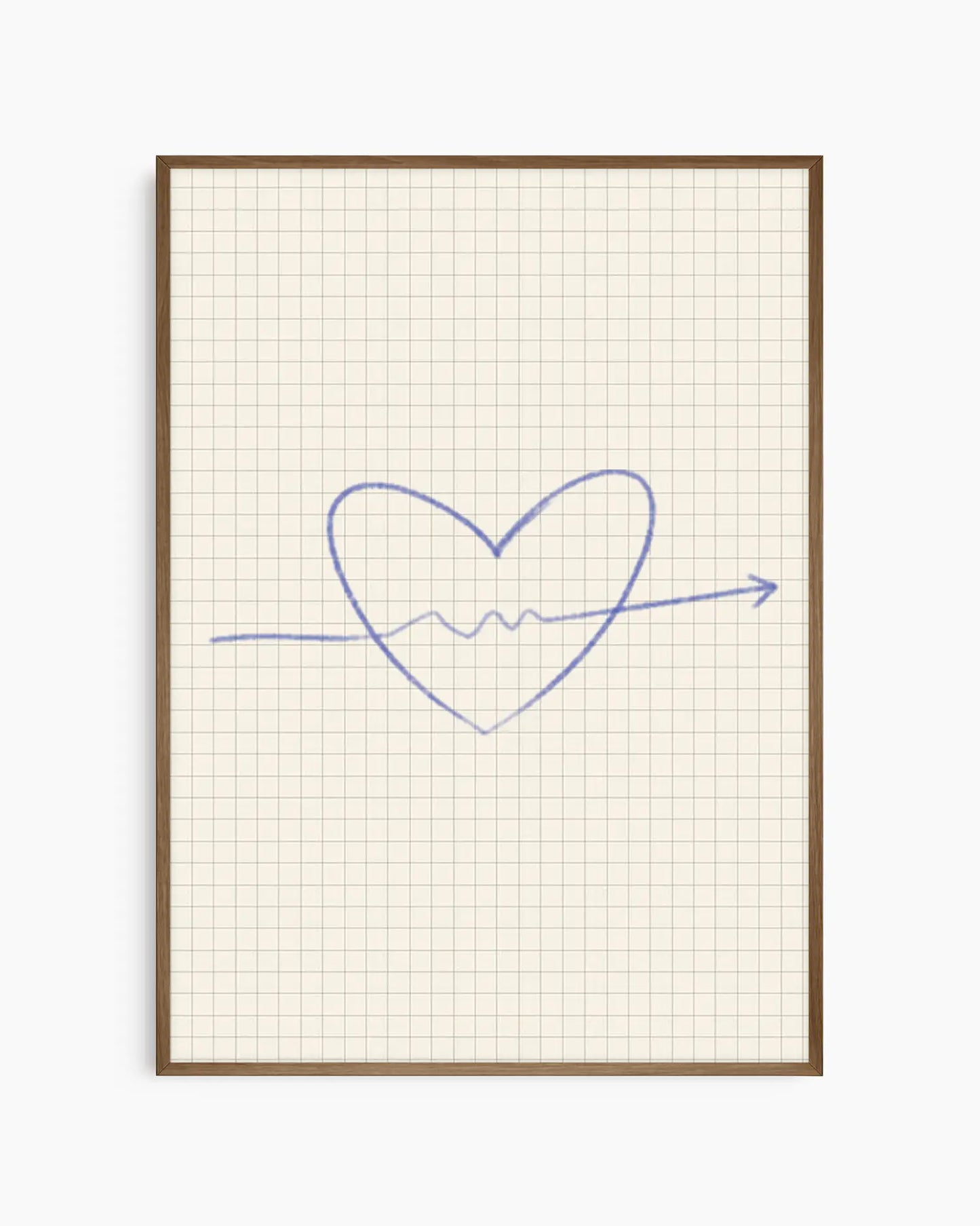 Heart shape with a line on grid paper inside a dark oak frame