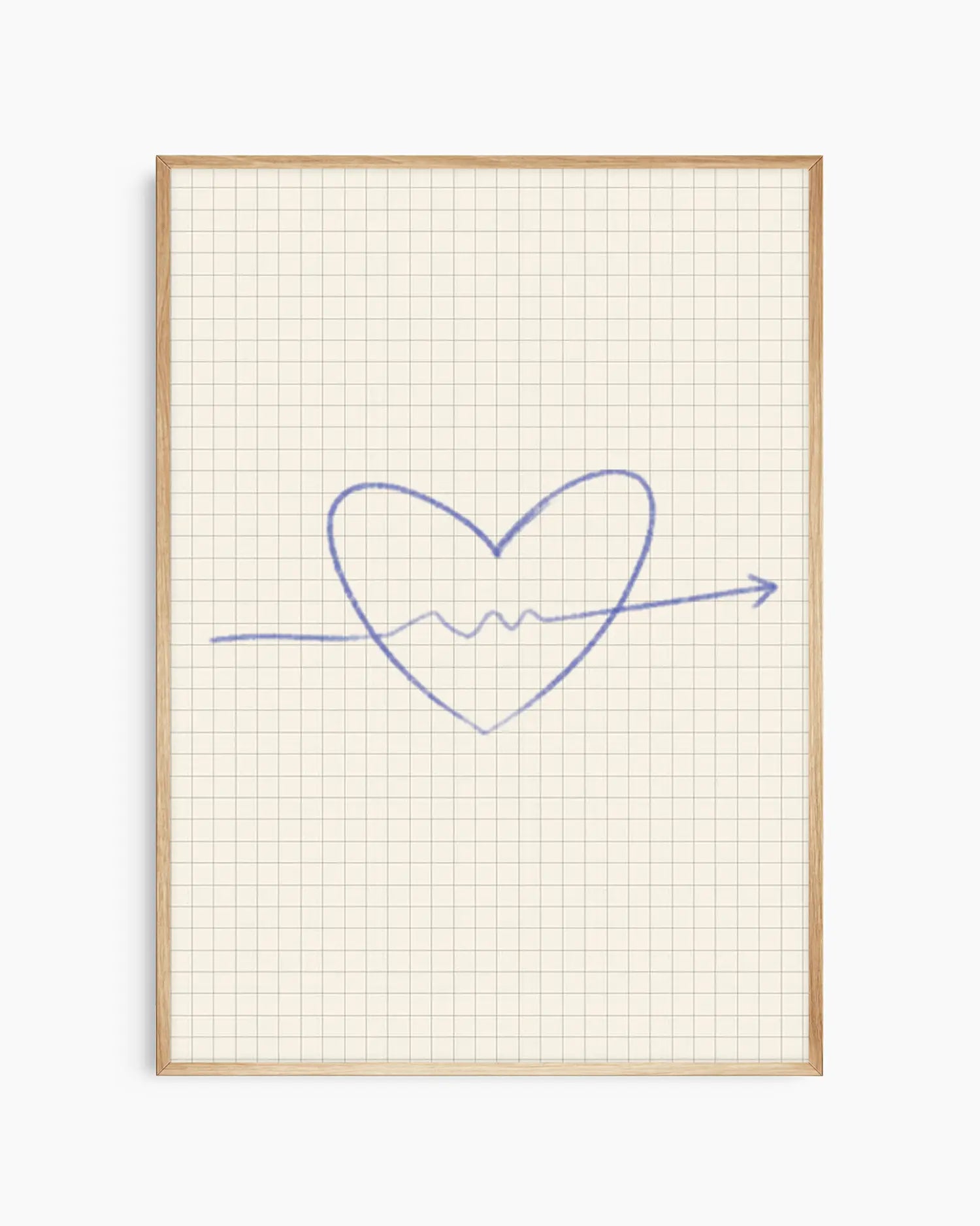 Heart shape drawn on grid paper with a blue line, in an oak frame.