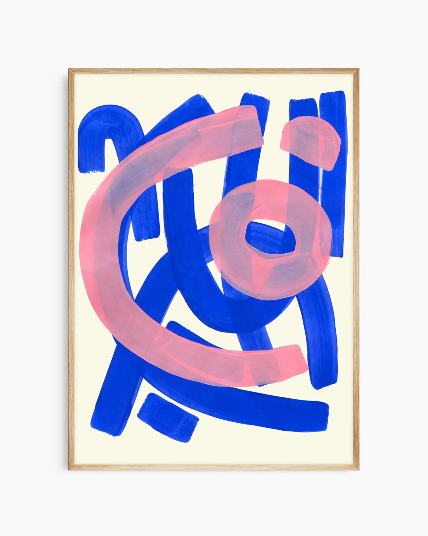 Abstract art print with blue and pink brush strokes on a beige background, in a oak frame