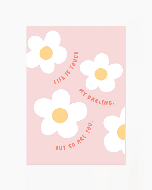 Pink background with white flowers and motivational text on a white background