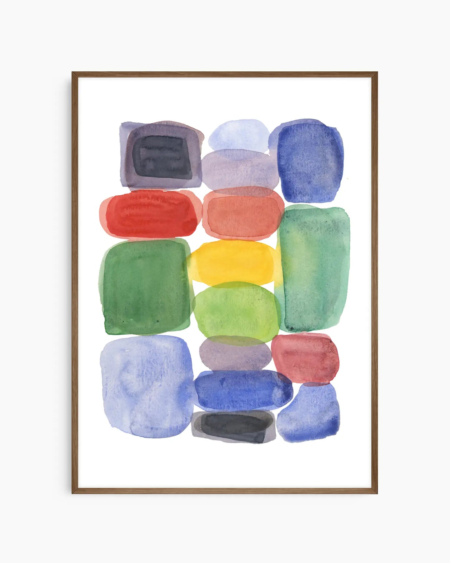 Colorful abstract art print in a wooden frame on a white background