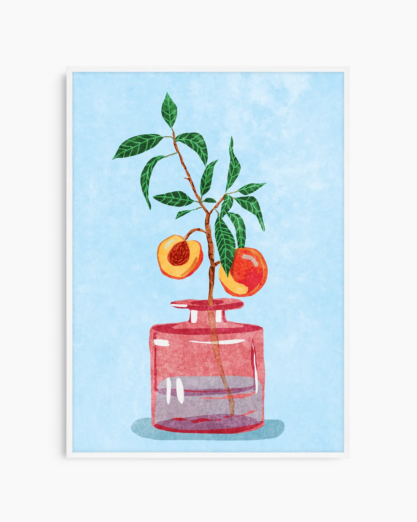 Illustration of a red vase with peach branches on a light blue background