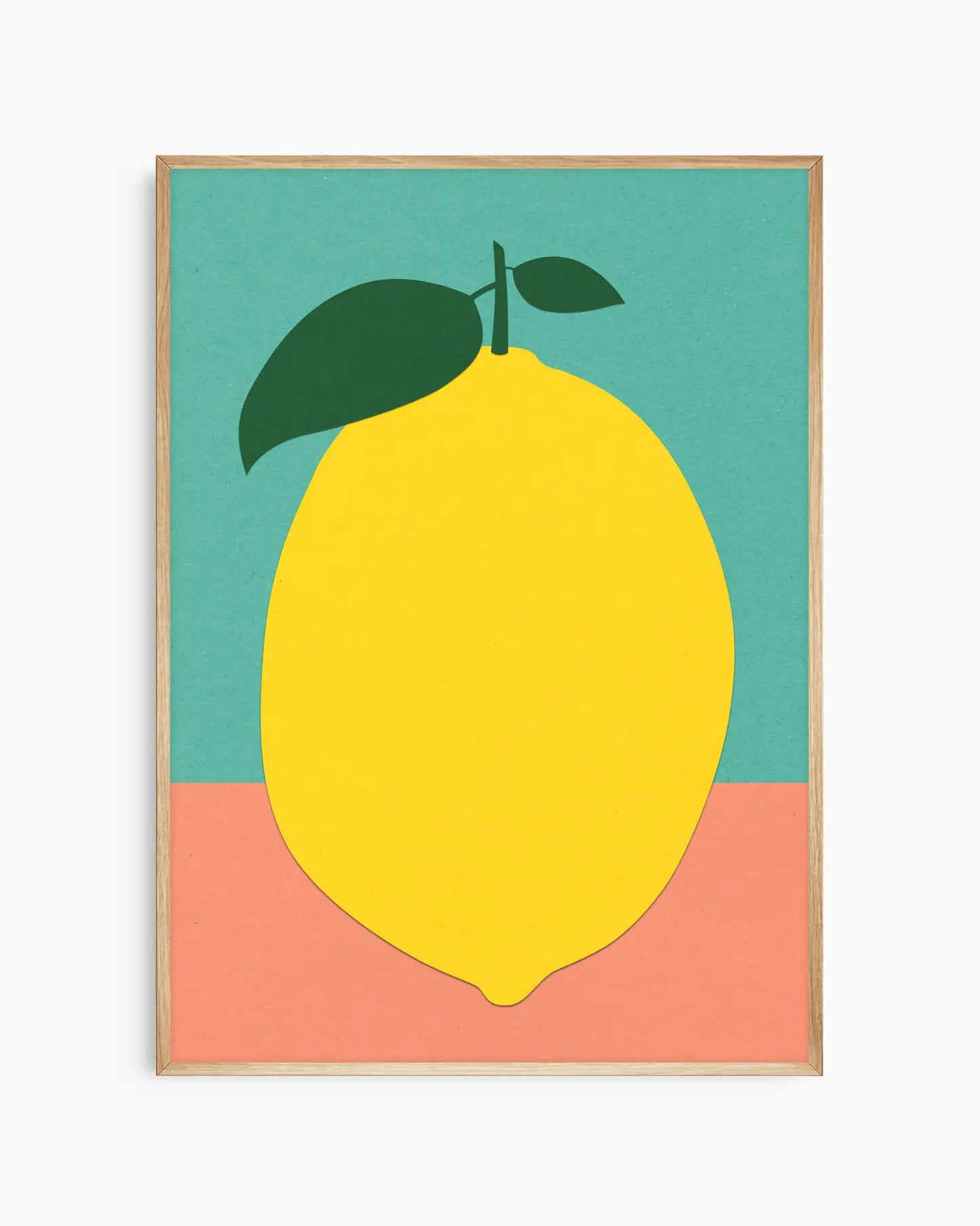 Framed artwork of a yellow lemon on a teal and pink background
