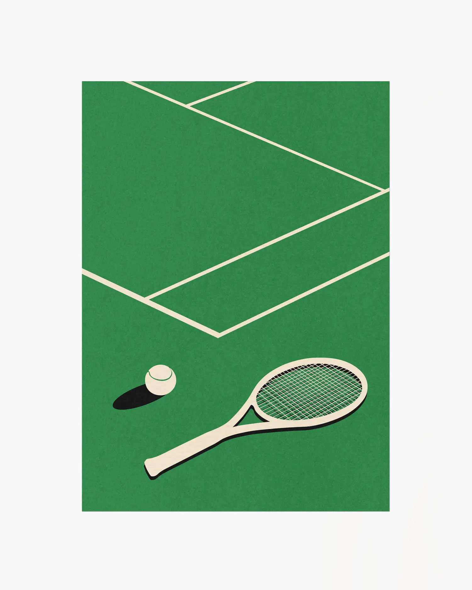 Tennis racket and ball on a green surface with white lines resembling a tennis court.