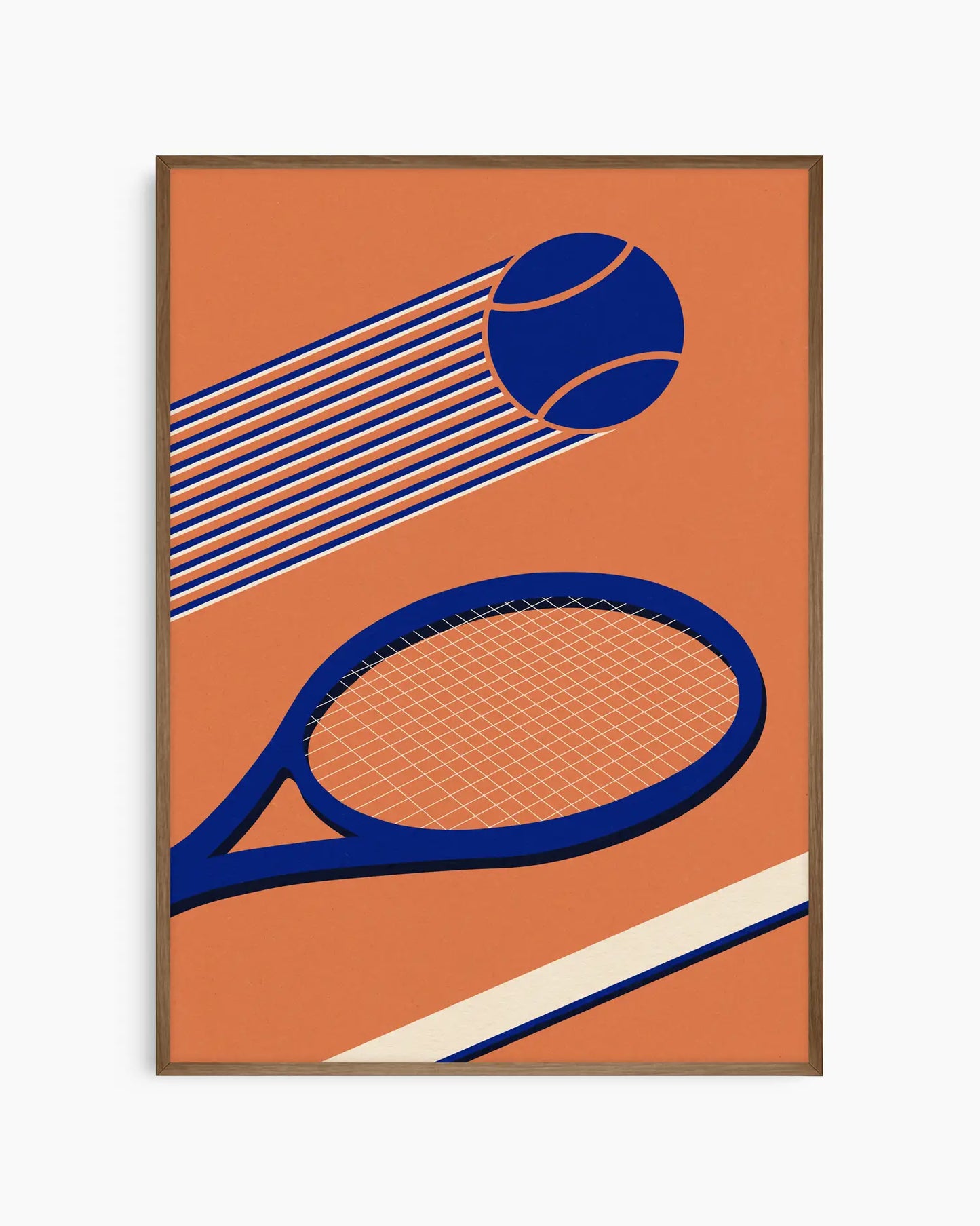 Framed artwork of a blue tennis racket and ball on an orange background