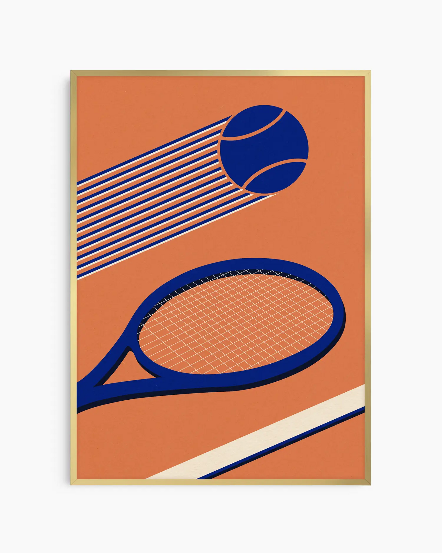 Framed artwork of a blue tennis racket and ball on an orange background