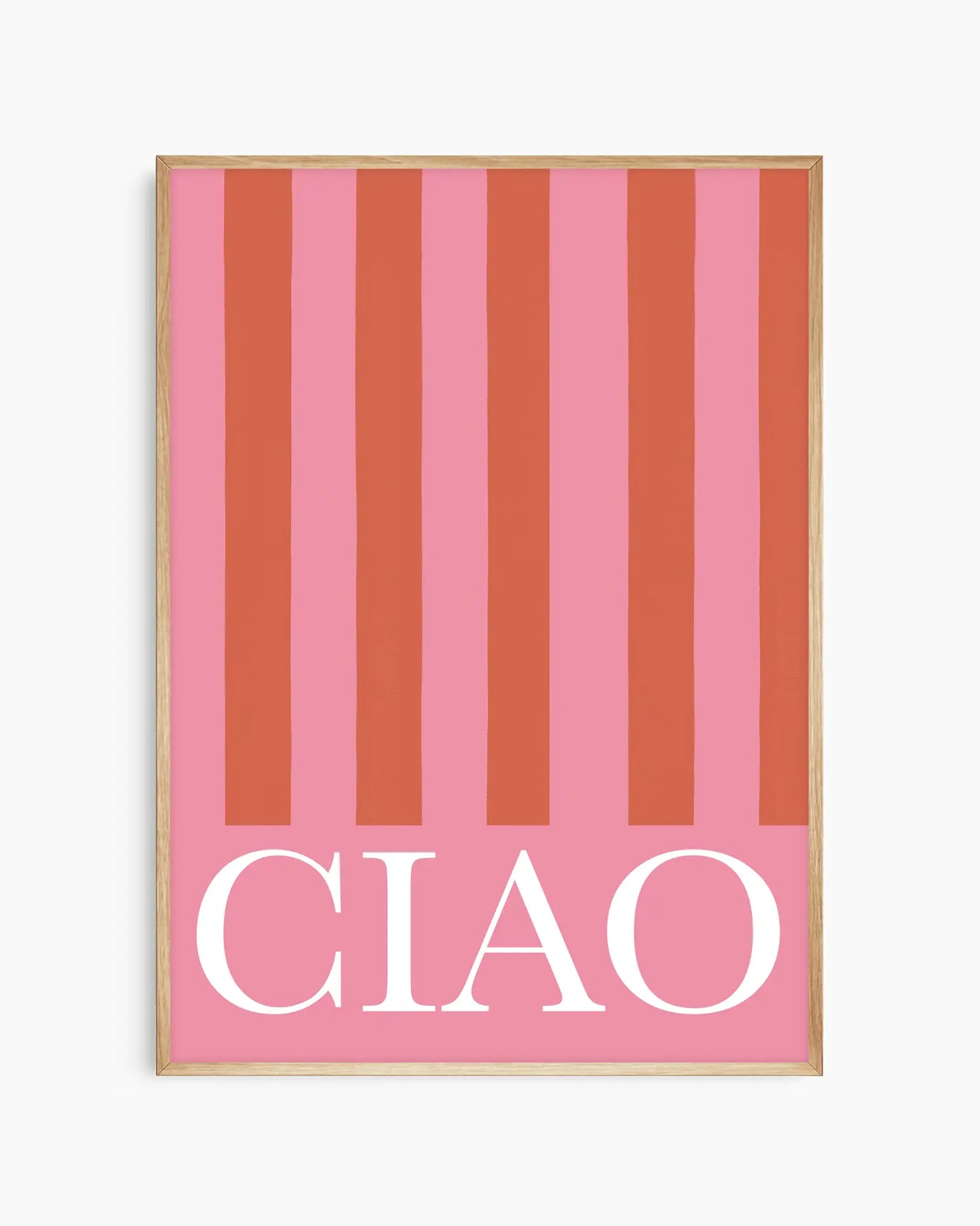 Poster with pink and orange vertical stripes and 'CIAO' text on a white background