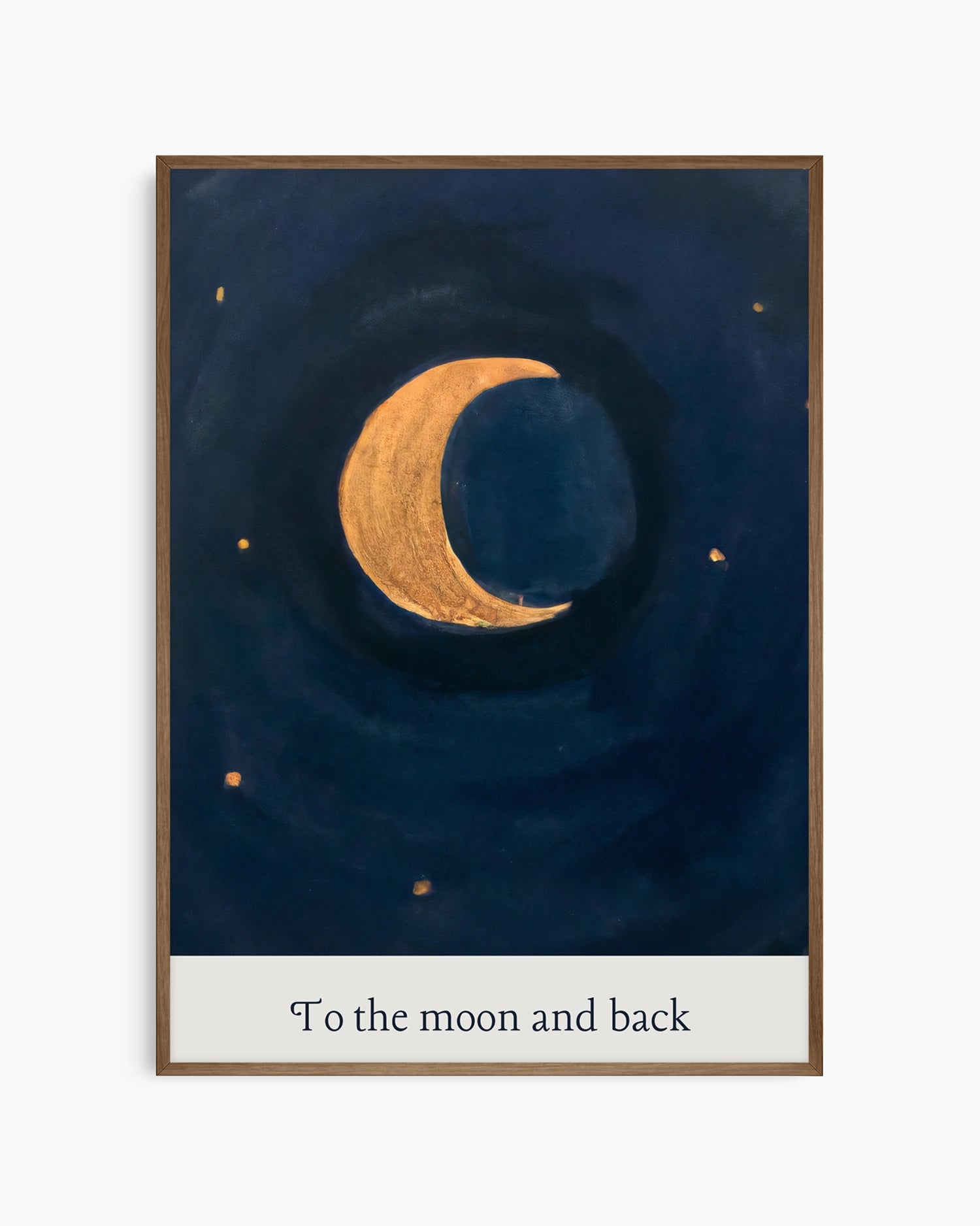 Framed artwork with a crescent moon and stars on a dark blue background, featuring the text 'To the moon and back'.