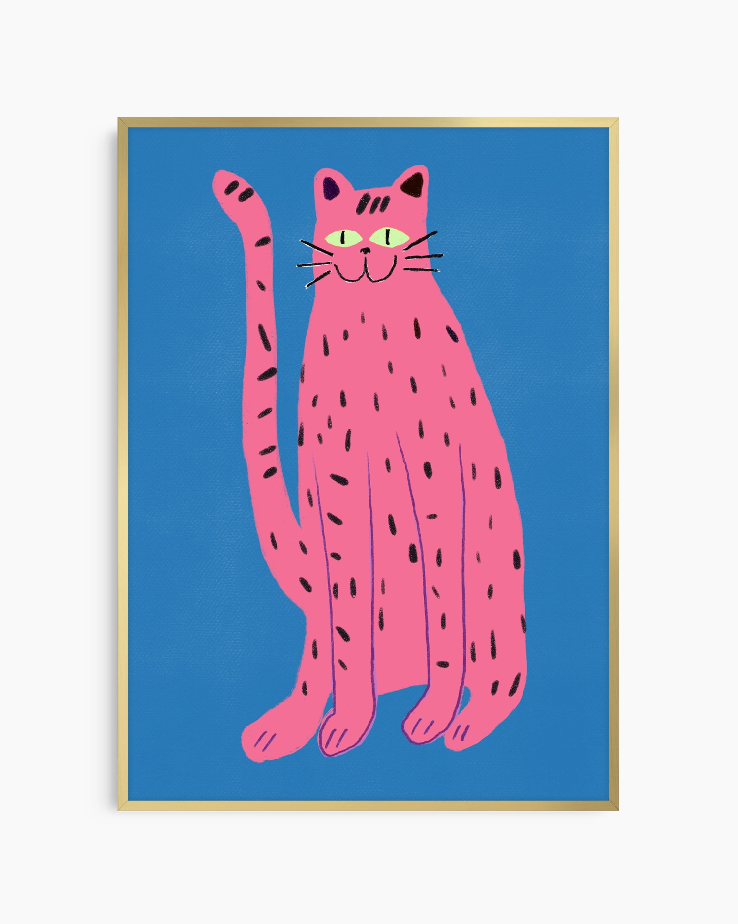 Framed artwork of a pink cat with black spots on a blue background