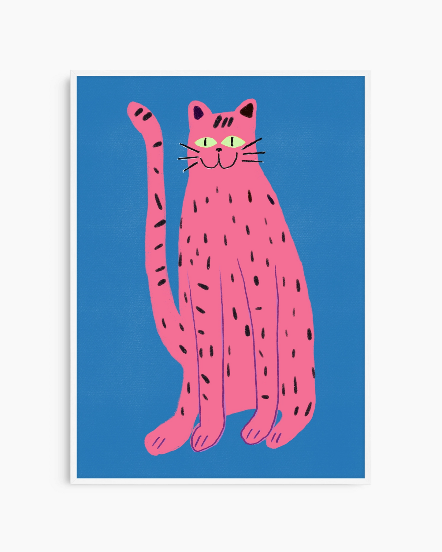 Pink cat illustration on a blue background