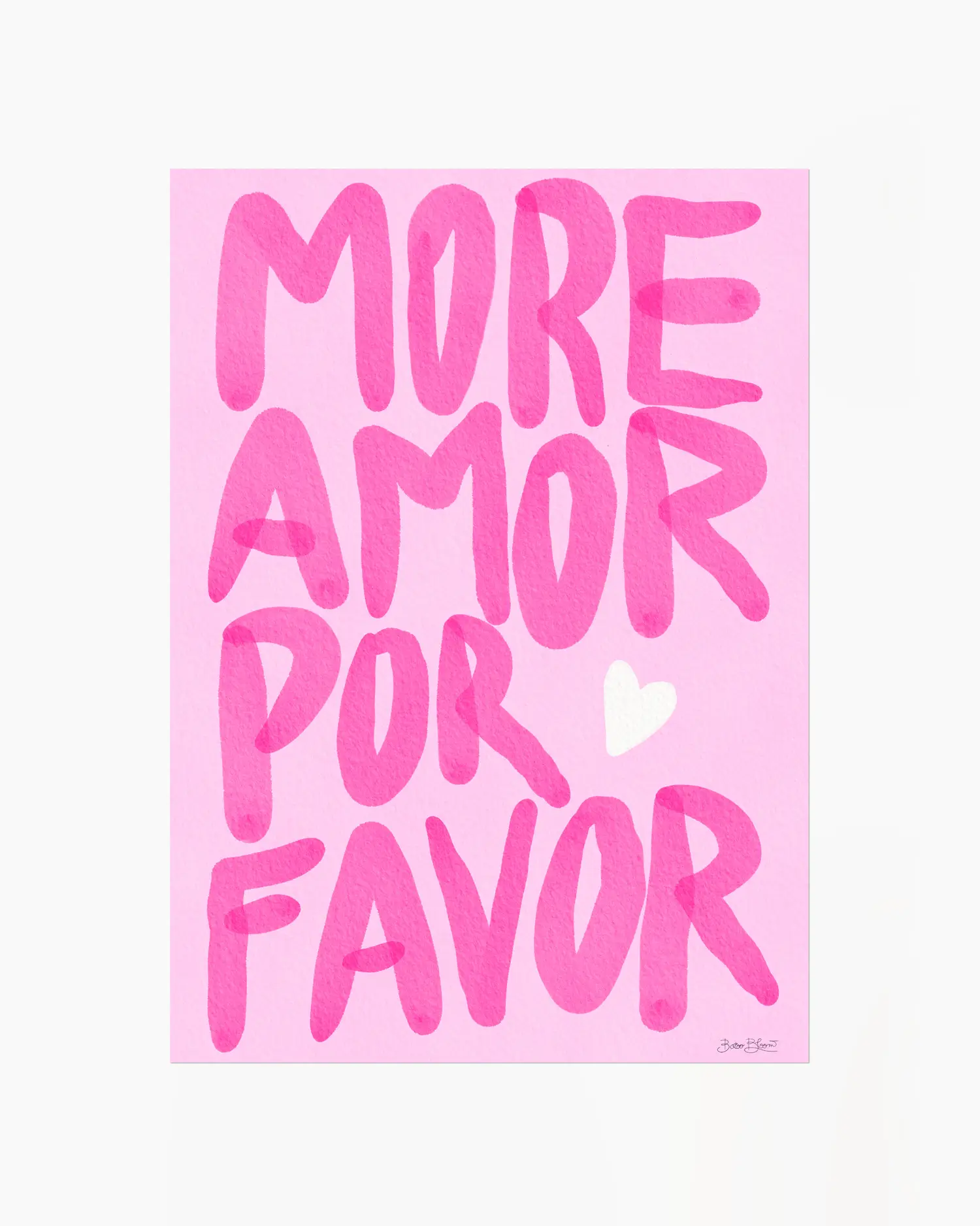Nursery poster with pink text 'MORE AMOR POR FAVOR' on a pink background.