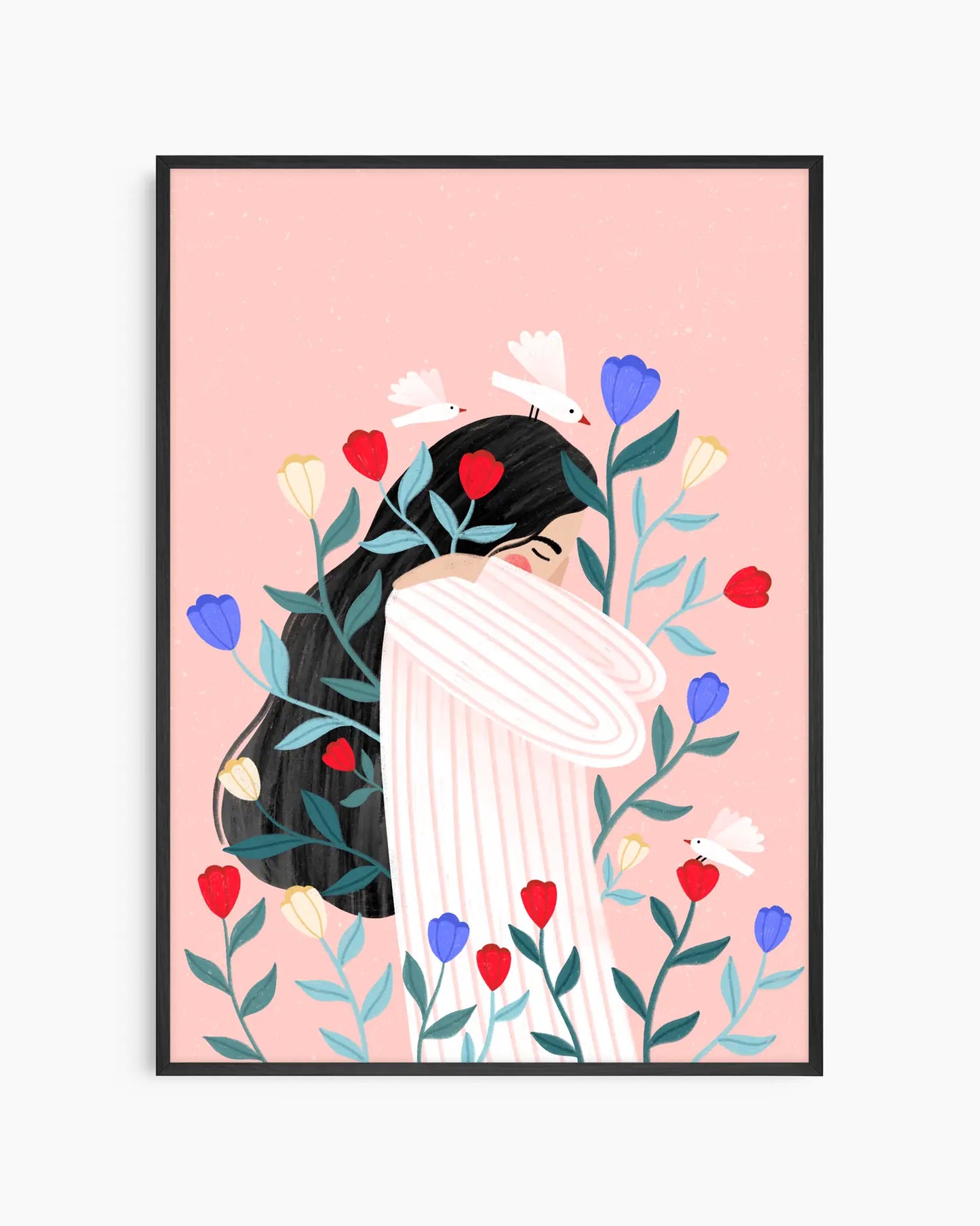 Framed artwork of a woman with flowers and birds on a pink background
