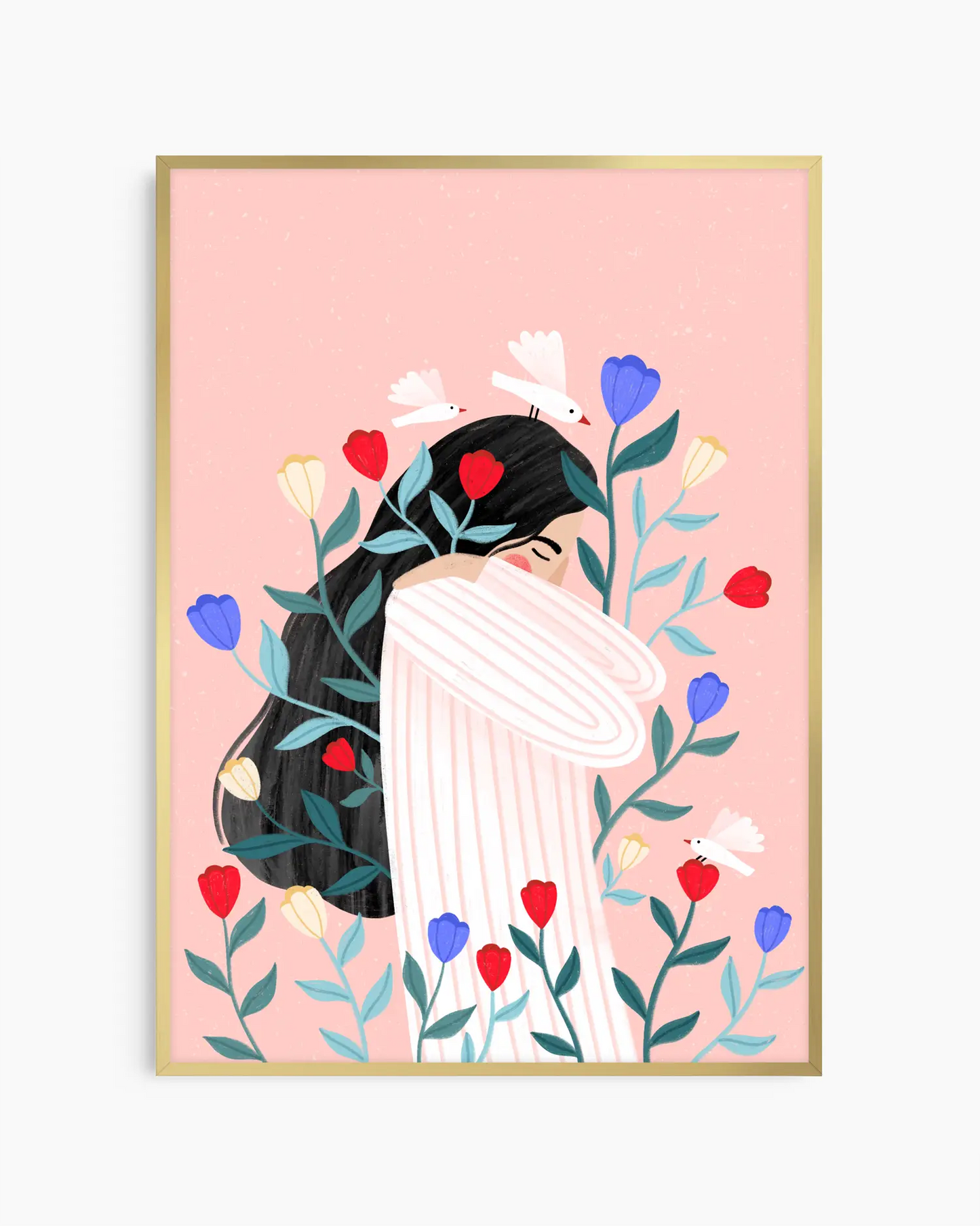 Framed artwork of a stylized woman with flowers and birds on a pink background