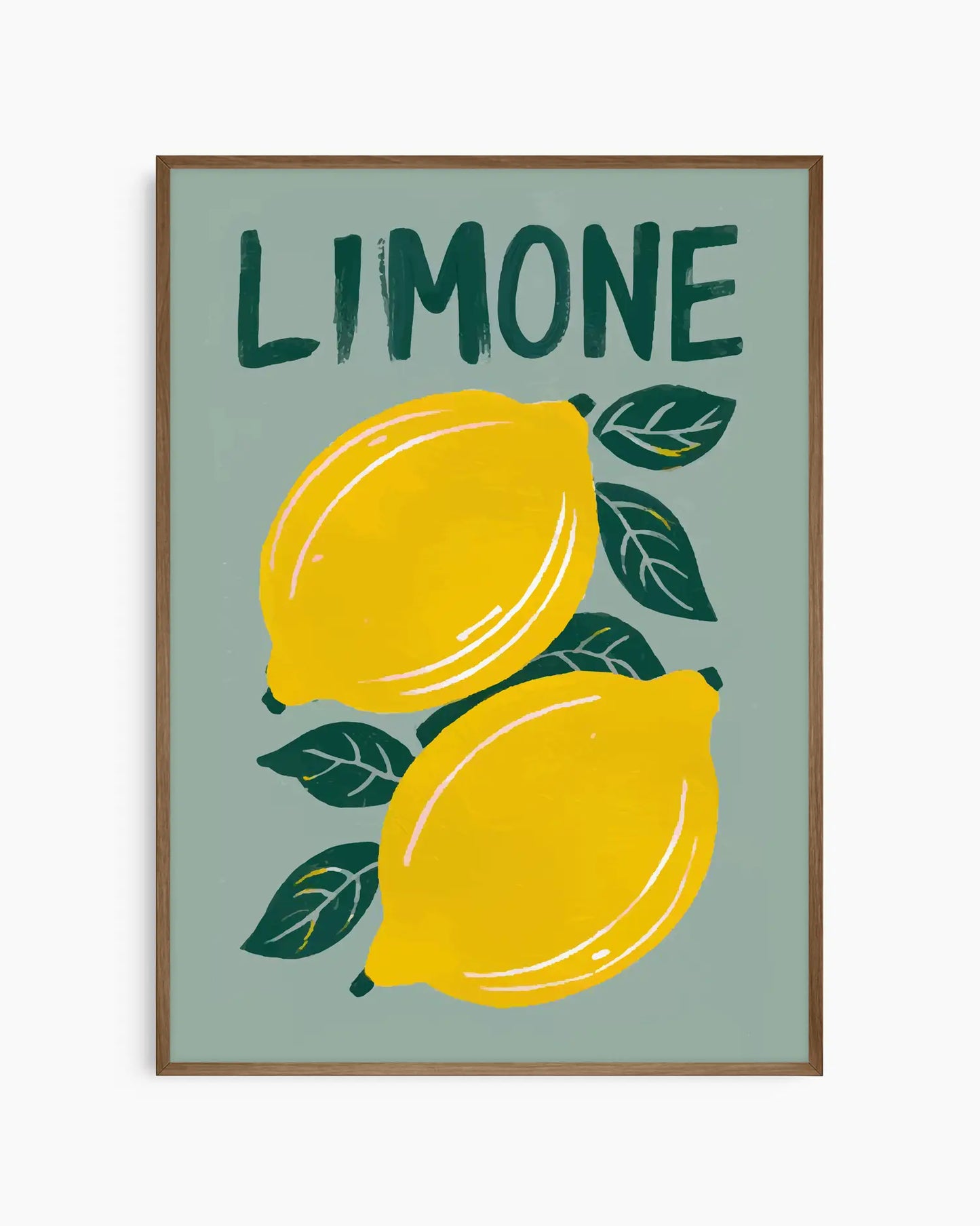 Nursery artwork with two lemons and the word 'LIMONE' on a light green background, mounted inside of a smoked oak wooden frame.