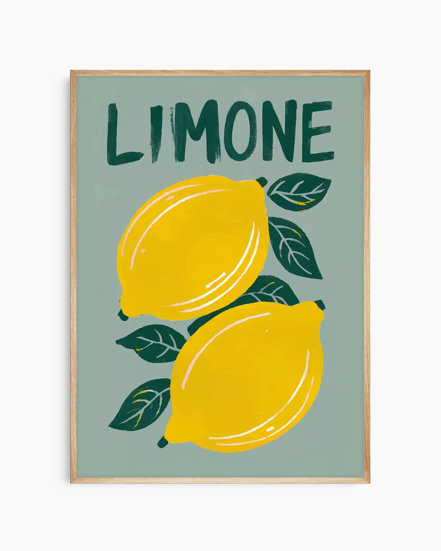 Nursery artwork with two lemons and the word 'LIMONE' on a light green background, mounted inside of an oak wooden frame.