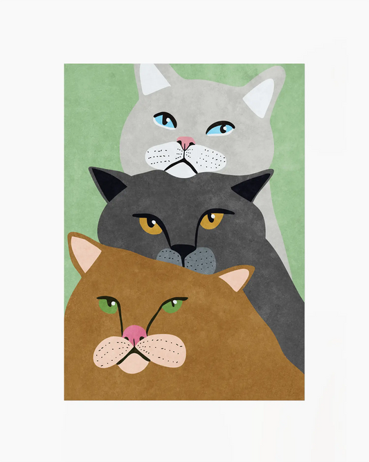 Illustration of three cats with different colored eyes on a green background