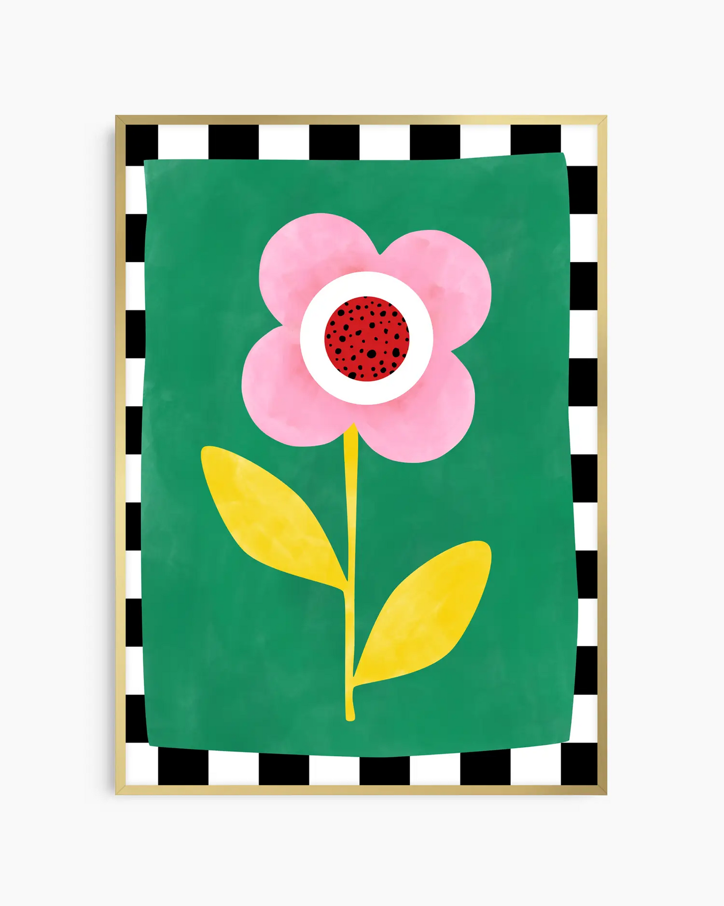 Poster with a pink flower on a green background, framed by a black and white checkered border.