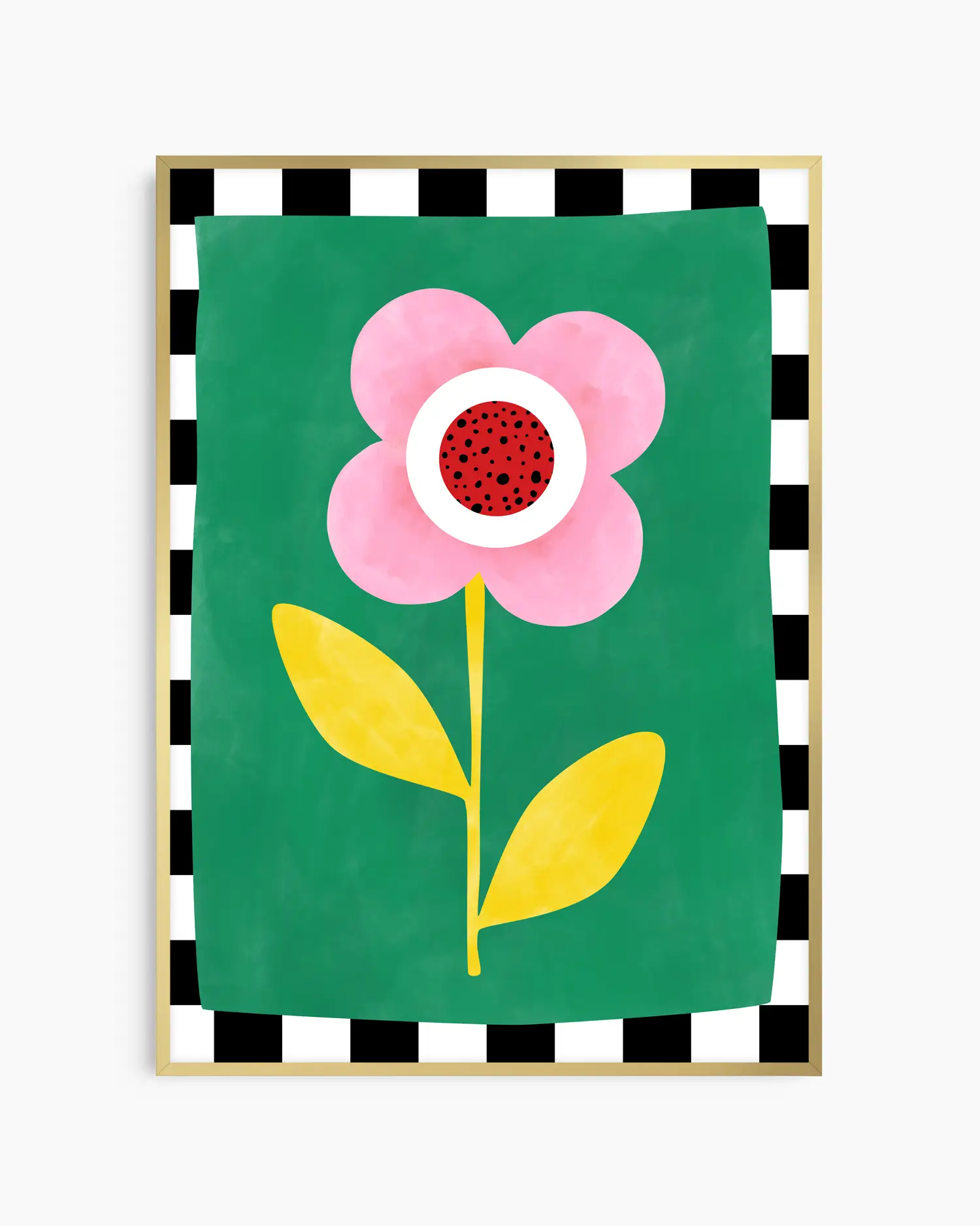 Poster with a pink flower on a green background, framed by a black and white checkered border.