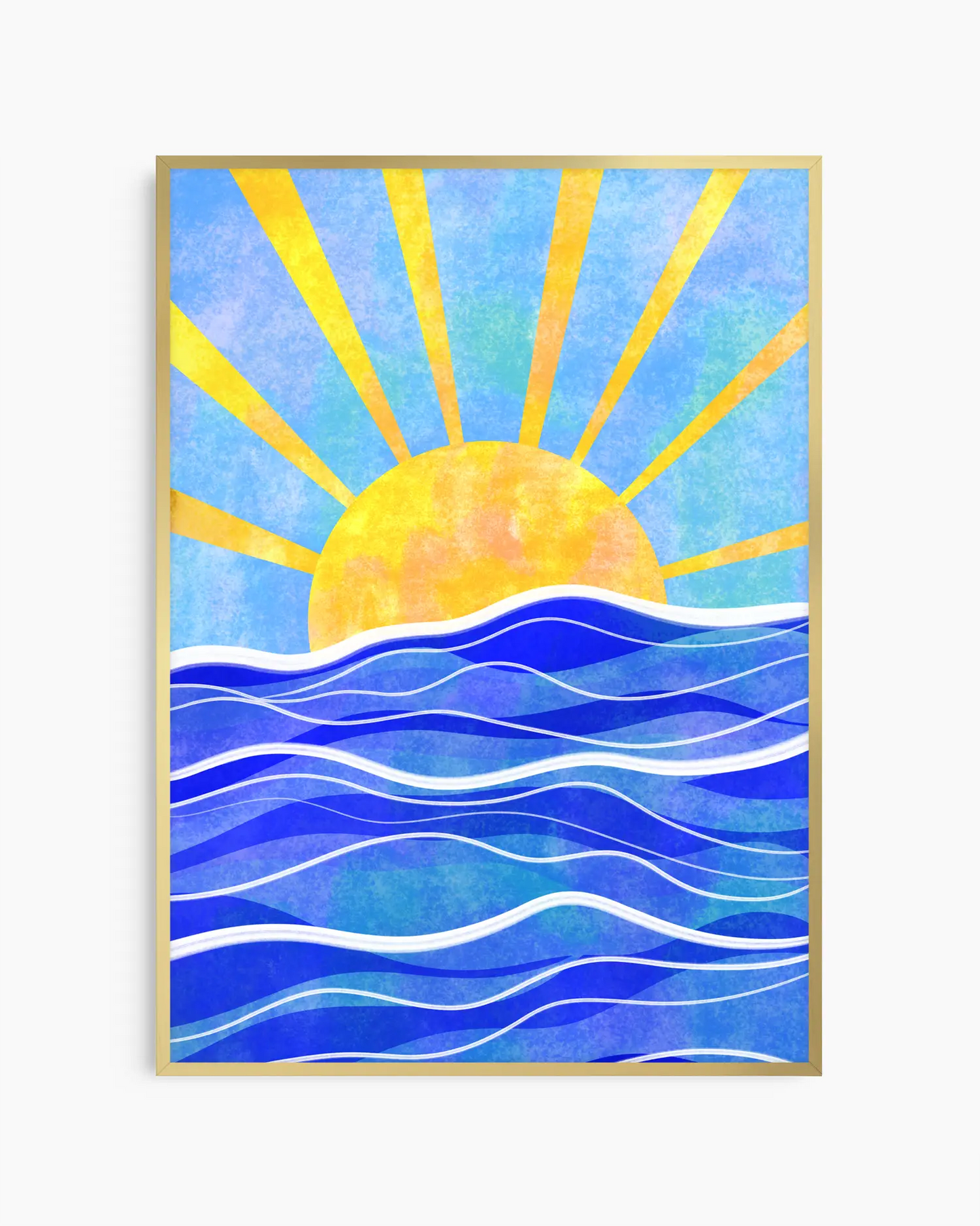 Framed artwork of a sun rising over blue water with yellow rays.