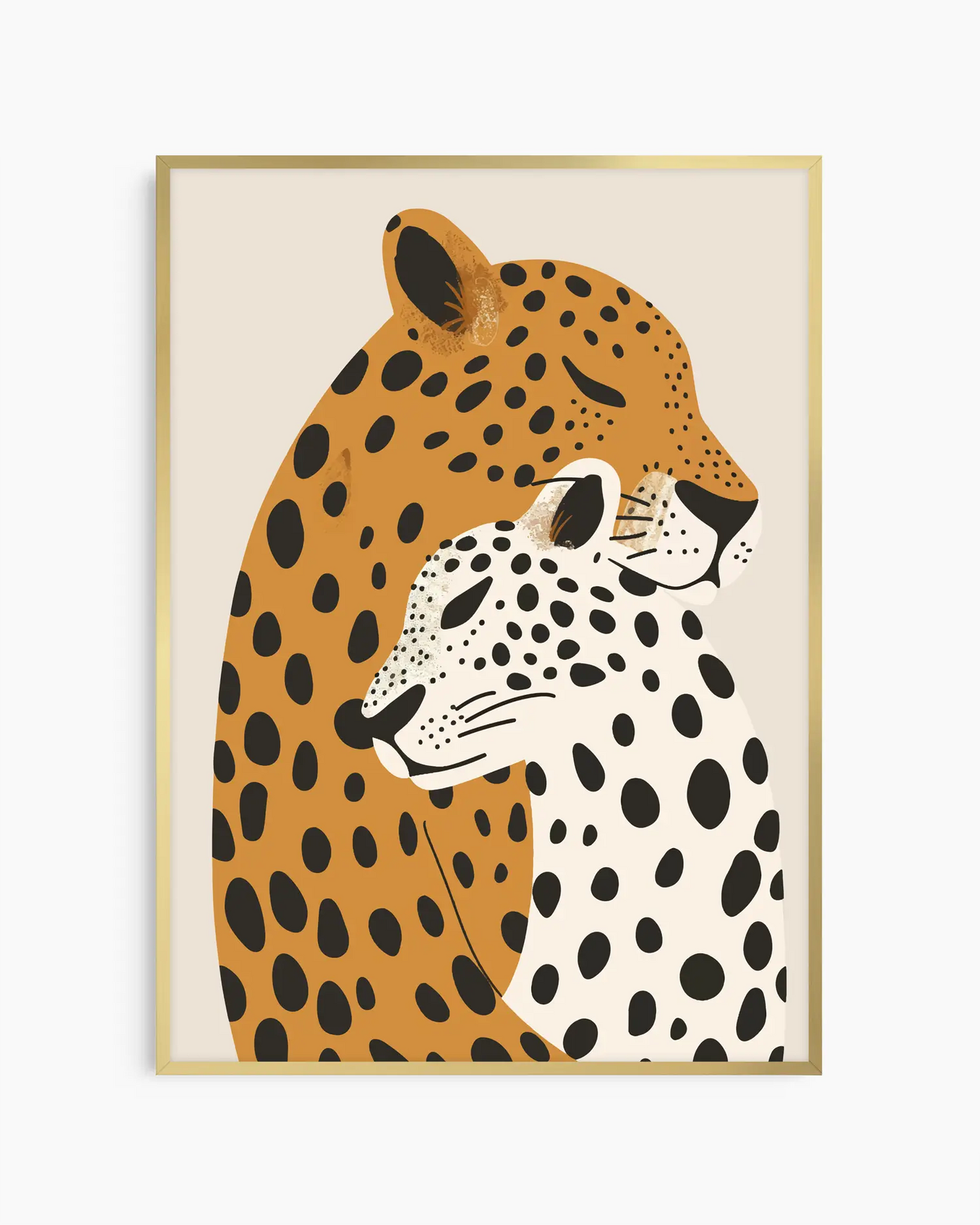 Nursery artwork of two leopards with different patterns on a beige background framed in a golden aluminium frame.
