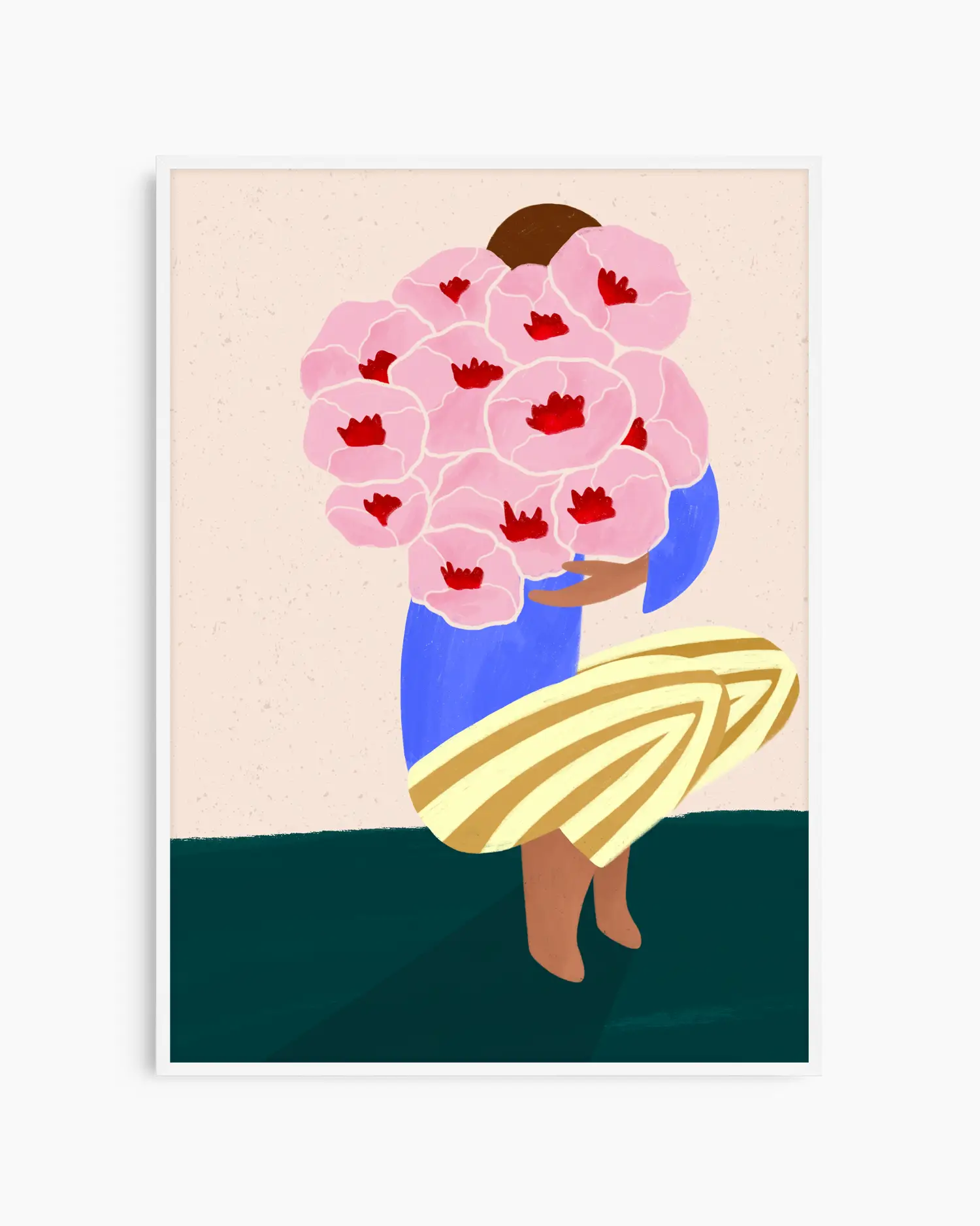 Illustration of a person holding pink flowers with red centers on a beige background