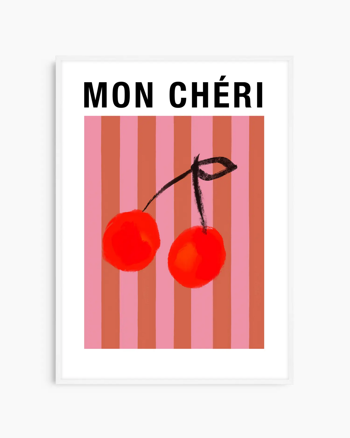 Framed artwork with two red cherries and 'MON CHÓRI' text on a striped background.