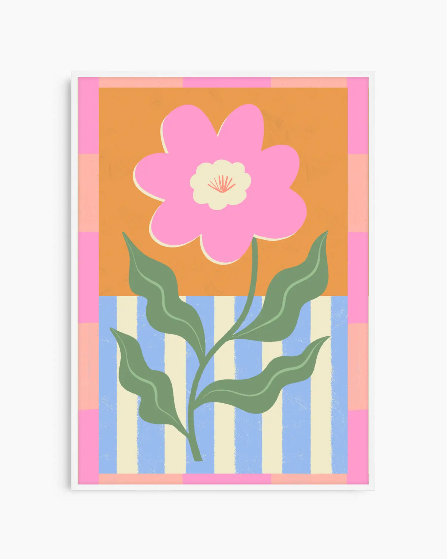 Colorful abstract design with a pink flower and green leaves on a striped background