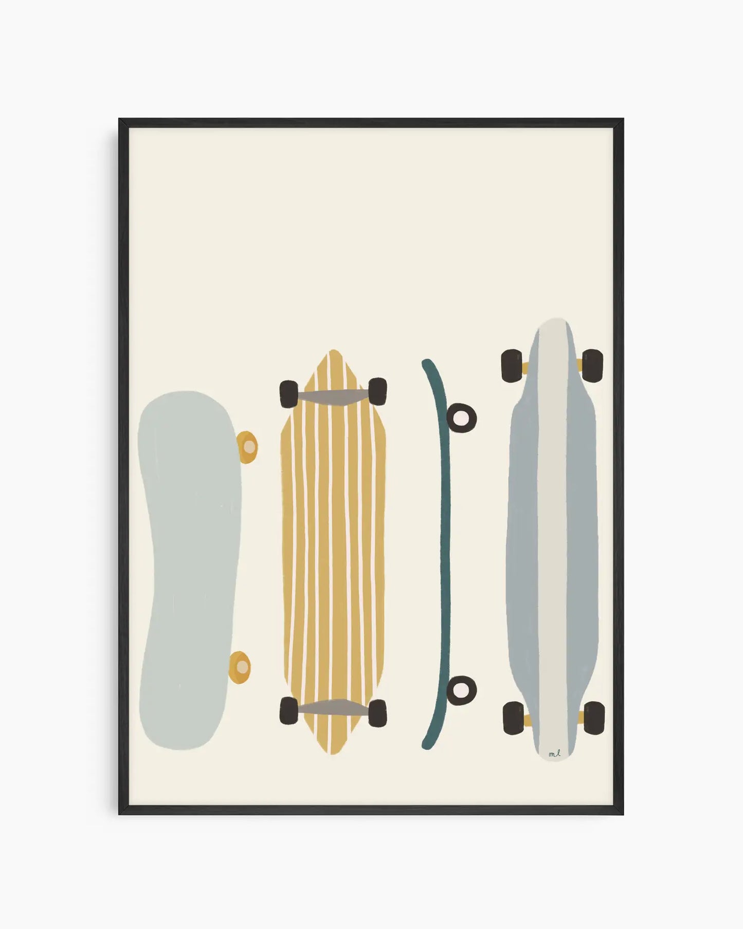 Framed artwork of four skateboards in different colors on a beige background