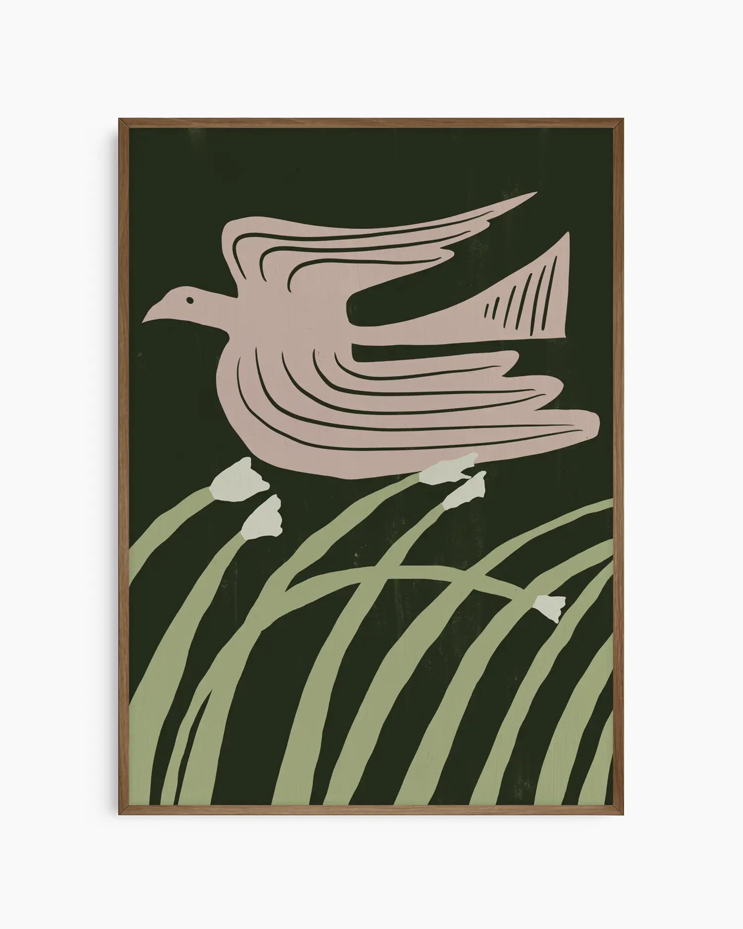 Framed artwork of a bird and grass design on a dark green background