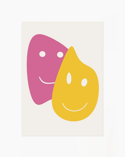 Two colorful smiley face shapes, one pink and one yellow, on a light beige background.