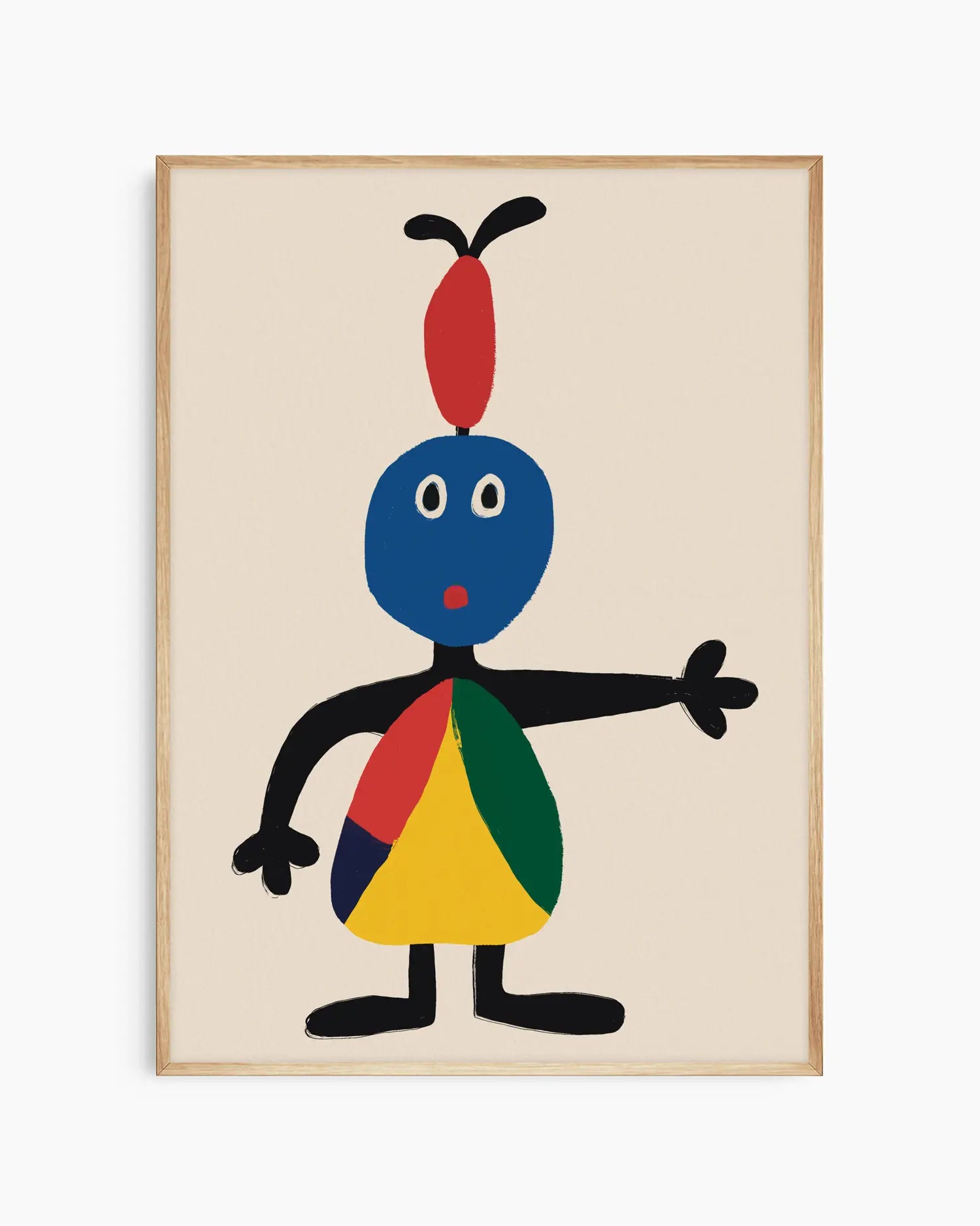 Framed artwork of a colorful abstract character with a red hairdo on a beige background