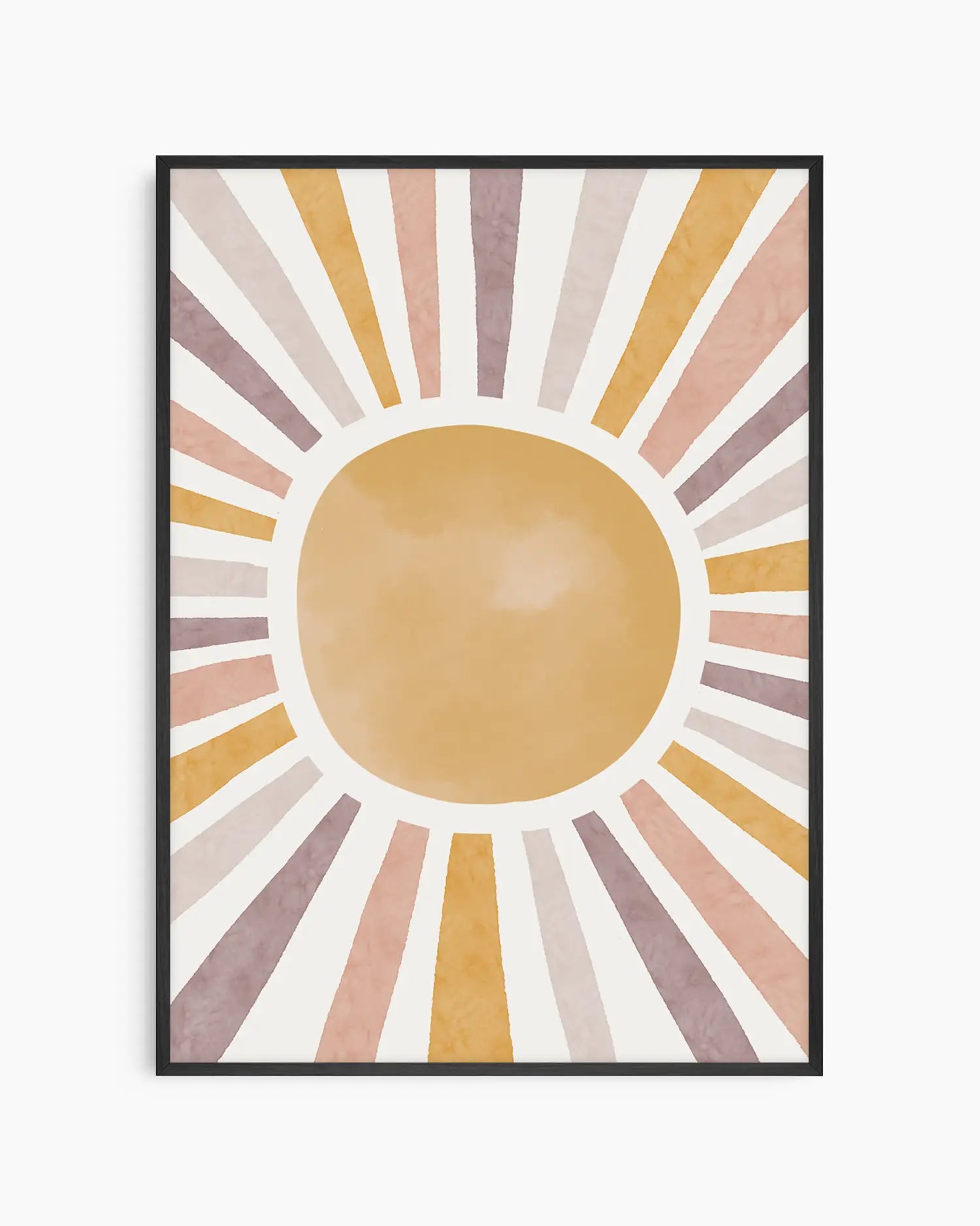 Framed abstract art print with a sun design in pastel colors on a white background