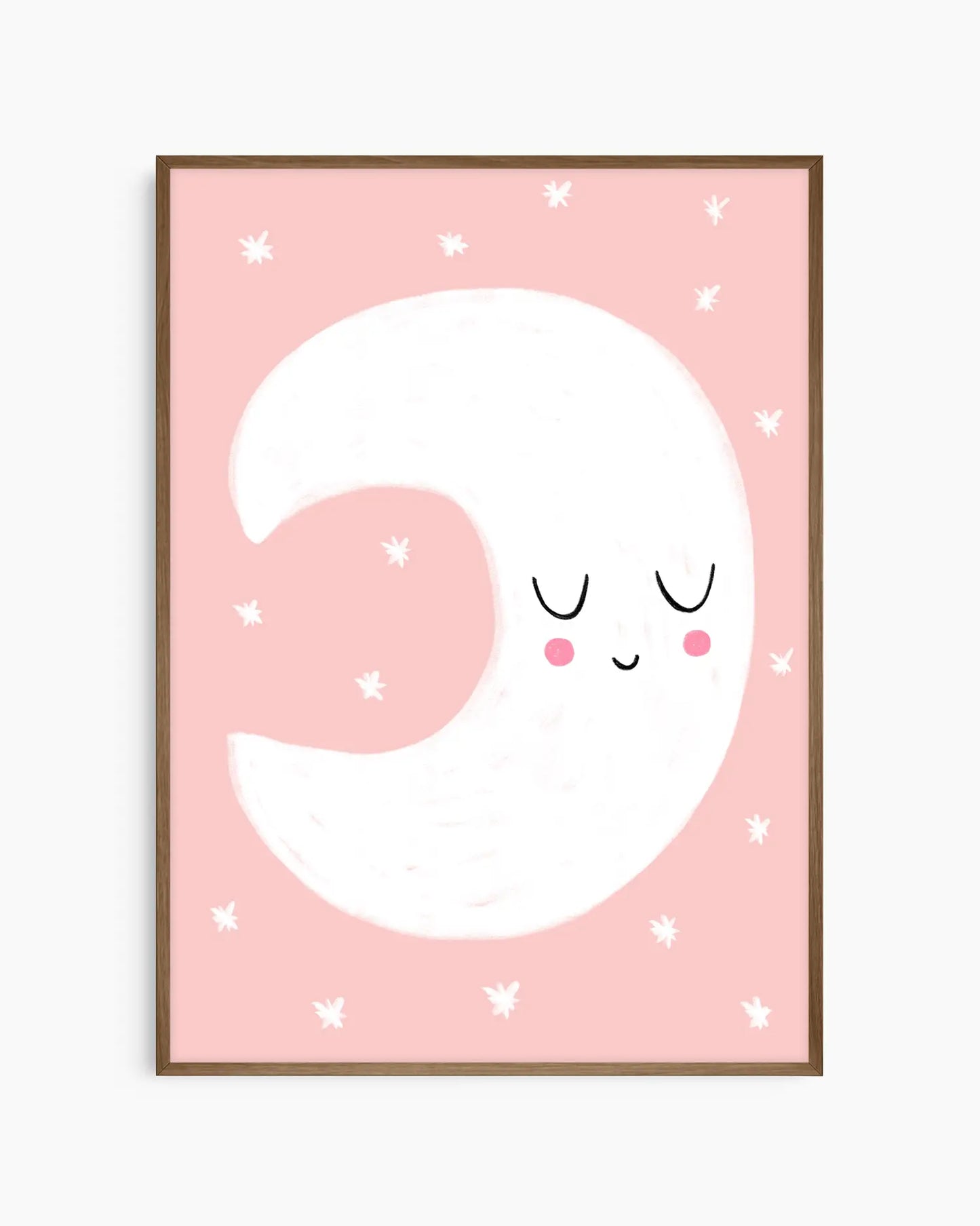 Framed artwork of a smiling moon on a pink background with white stars.